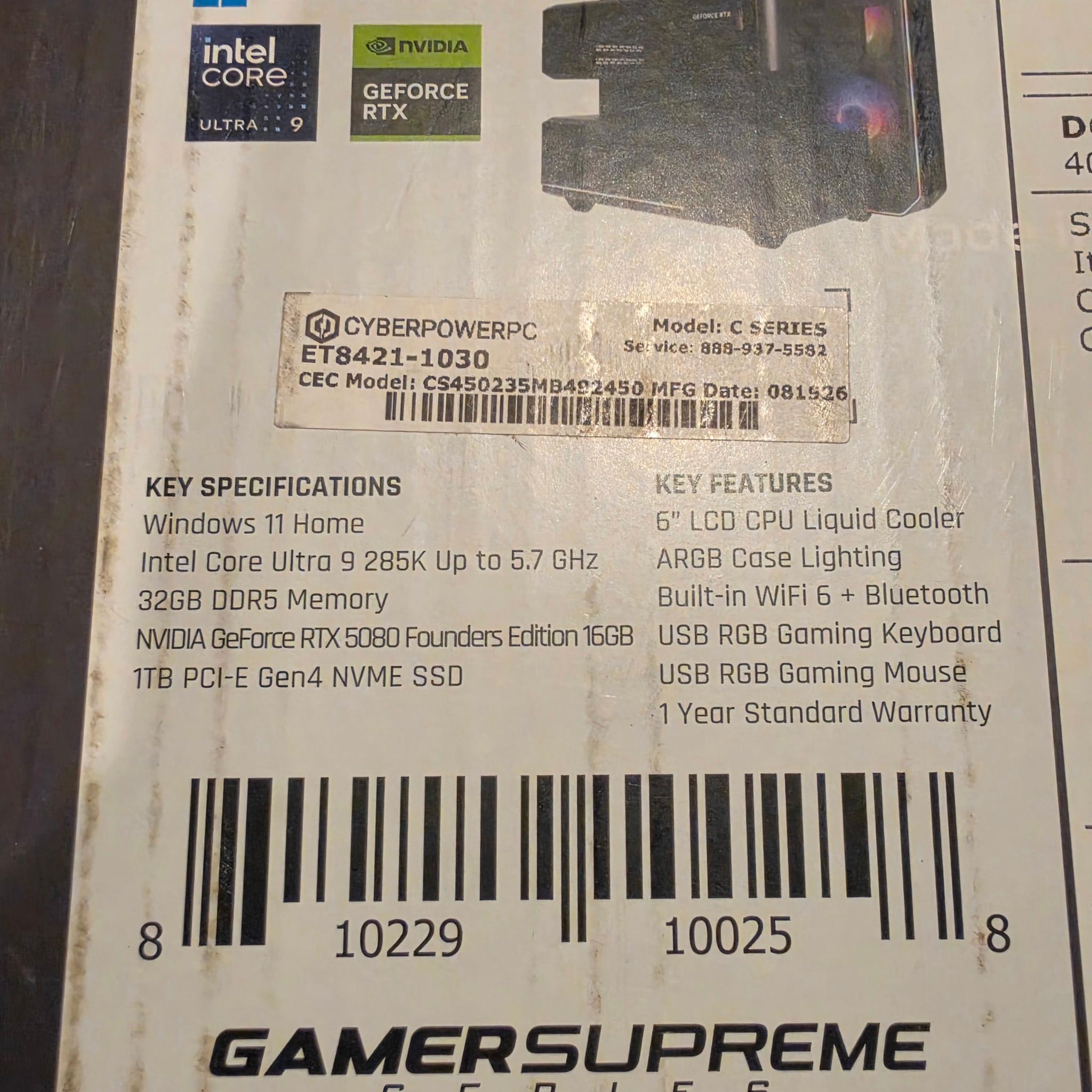 Intel Core Ultra 9 285K, NVIDIA GeForce RTX 5080 16GB, 32GB DDR5, 1TB SSD NVME
