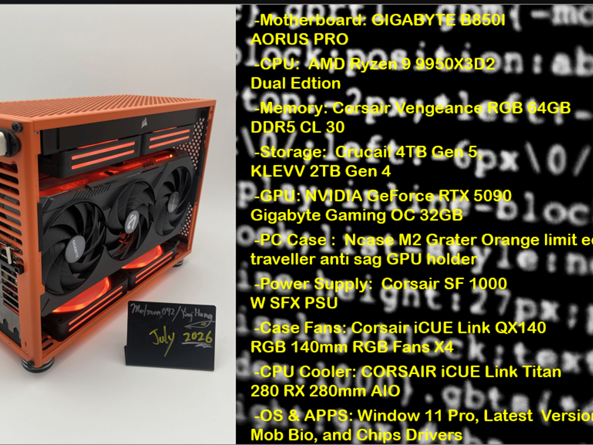 "EndGame Project Amber" | 9950X3D2 | 5090 Gigabyte | 64GB DDR5 | 6TB Nvme |
