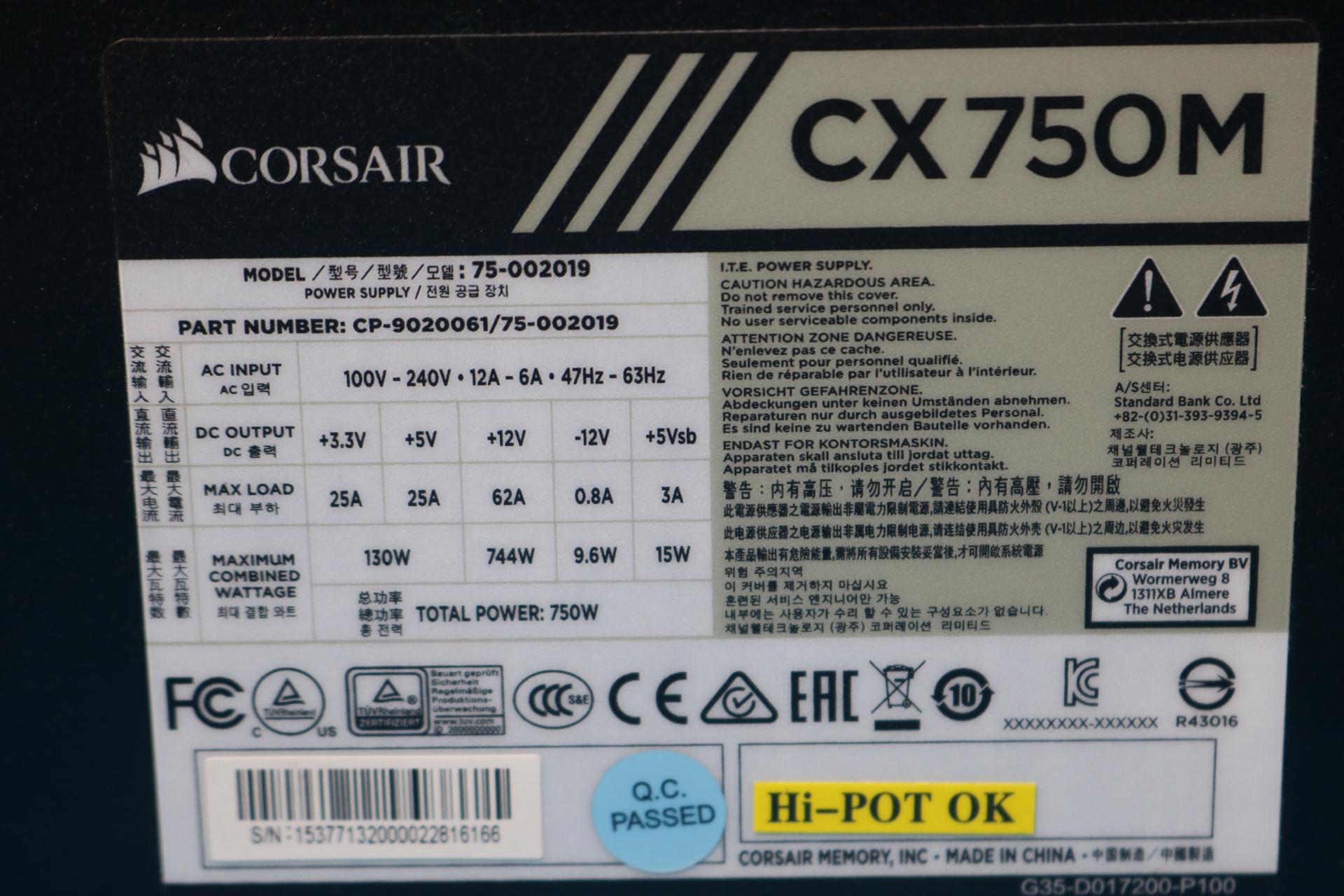 Corsair CX Series CX750M 750W Semi-Modular 80 PLUS Bronze ATX Desktop PSU CP-9020061/75-002019