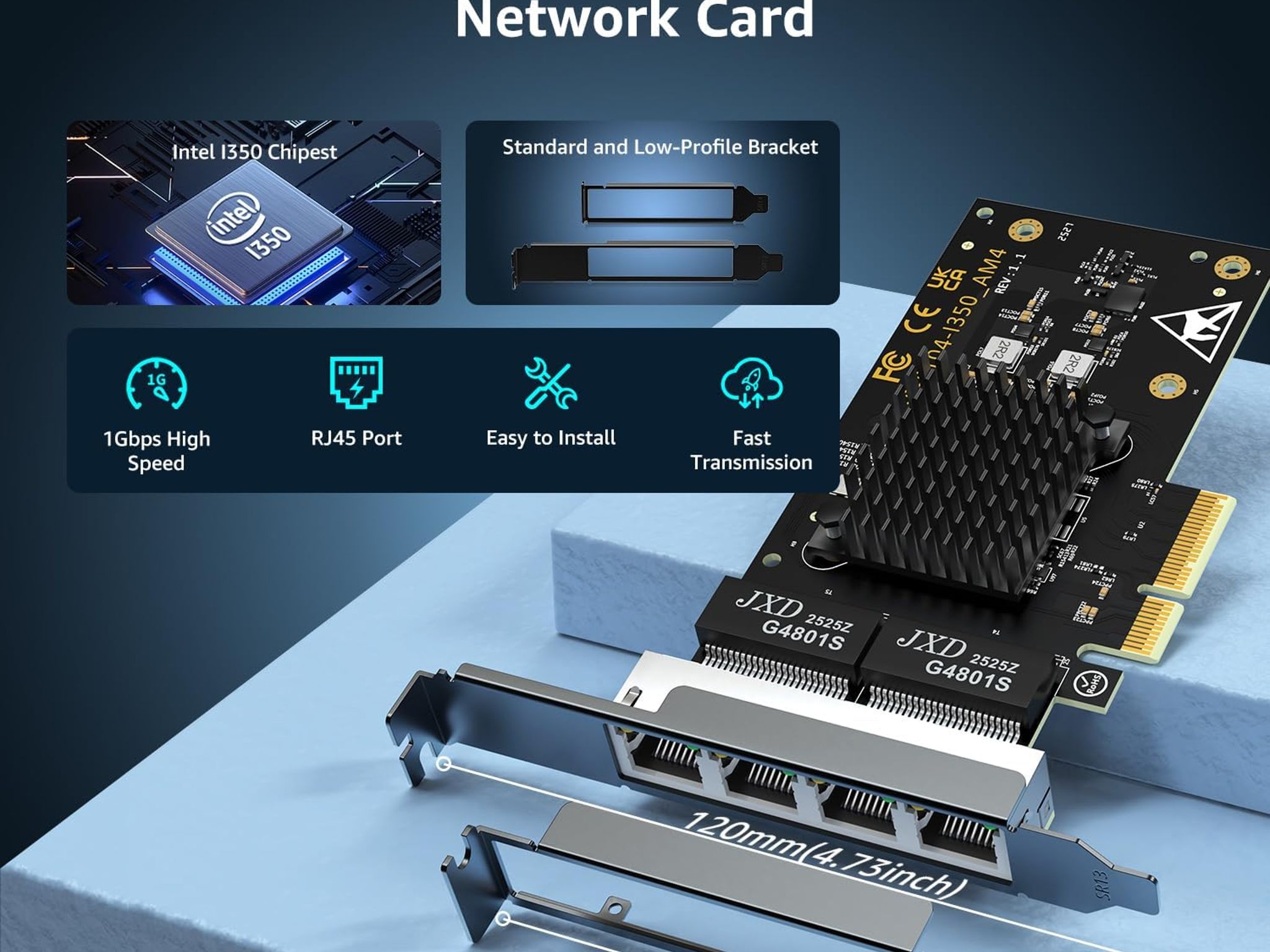 4 Port Gigabit Base-T Network Card Intel I350 Controller NICGIGA 4 Port 1G PCIe Ethernet Adapter NIC