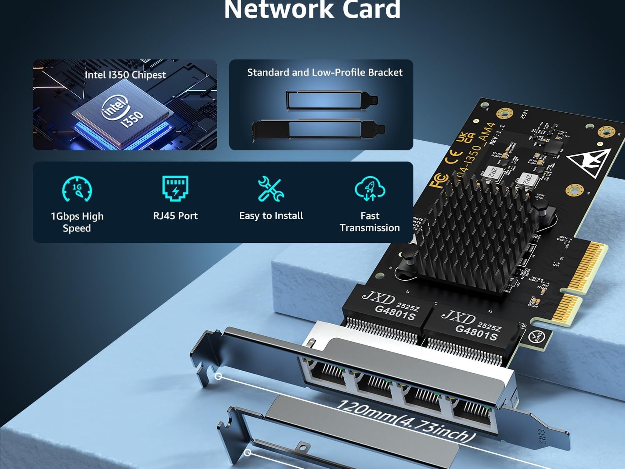 4 Port Gigabit Base-T Network Card Intel I350 Controller NICGIGA 4