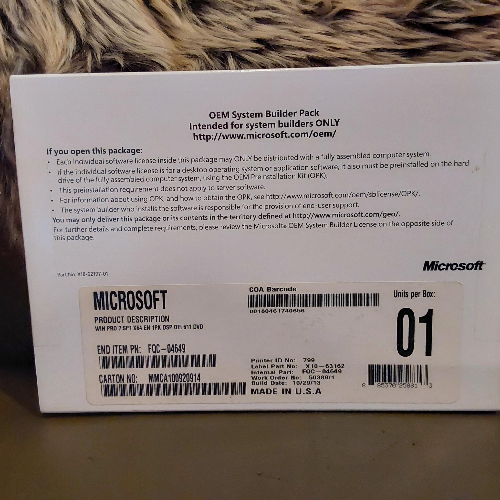 NEW & UNUSED WINDOWS 7 PRO SP2 x64 OEM/SYSTEM BUILDER PACK INSTALL DVD & VALID LICENSE for 1 PC