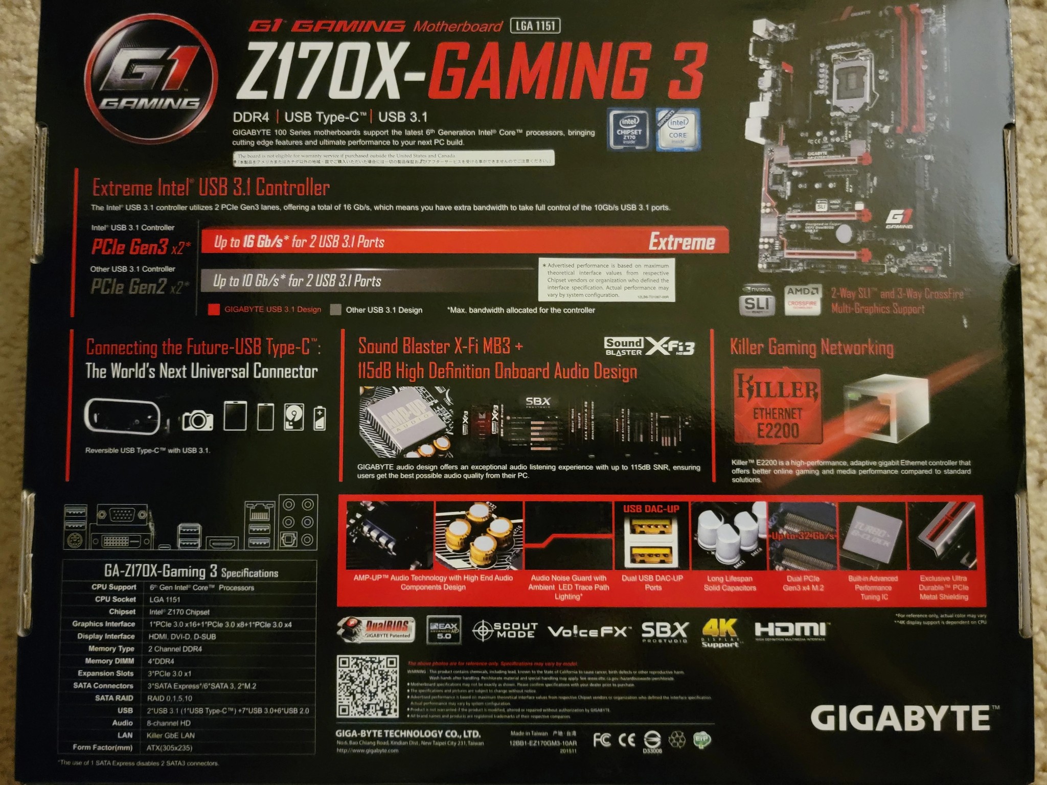 Gigabyte GA-Z170X-Gaming 3 LGA 1151 ATX Motherboard With Original Box