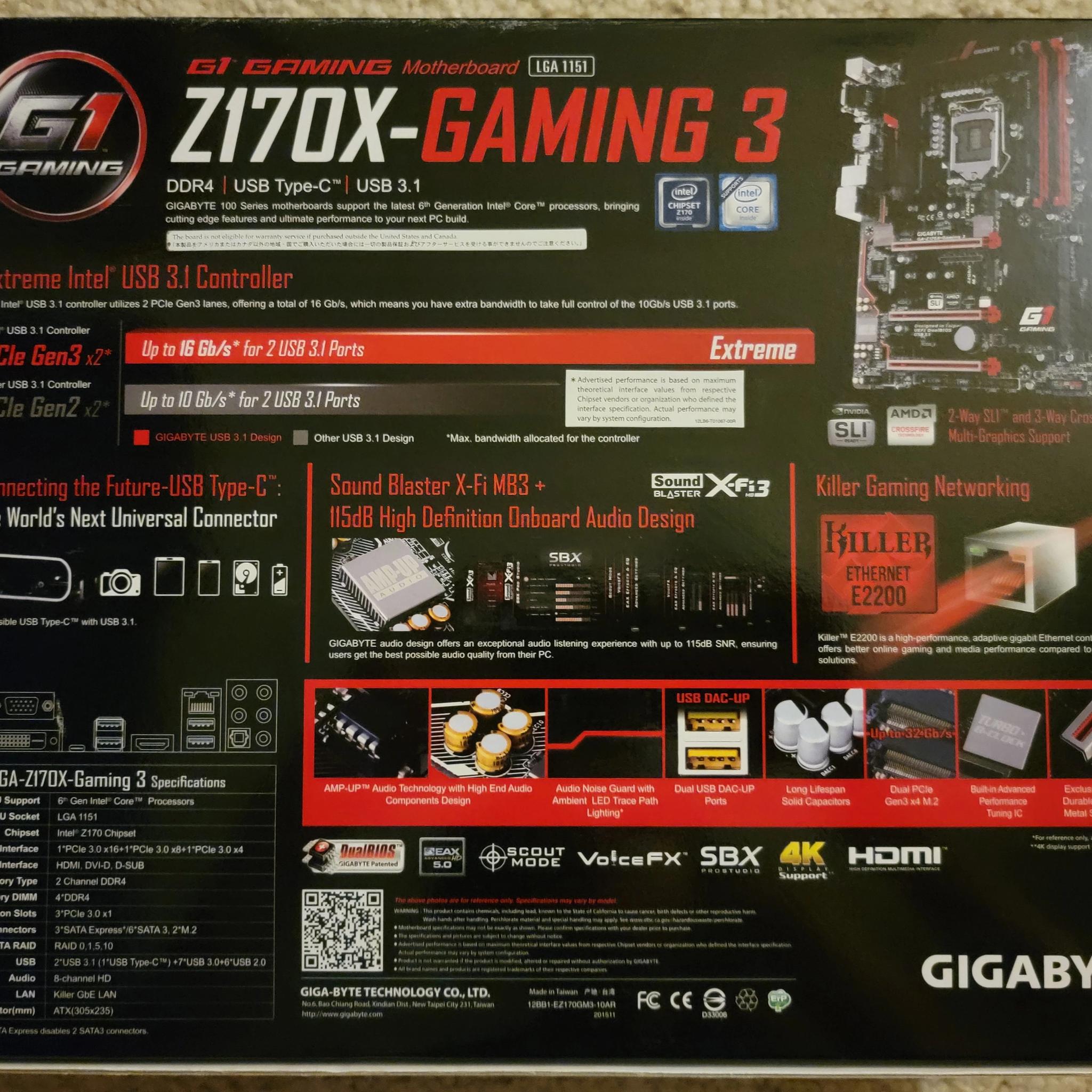 Gigabyte GA-Z170X-Gaming 3 LGA 1151 ATX Motherboard With Original Box