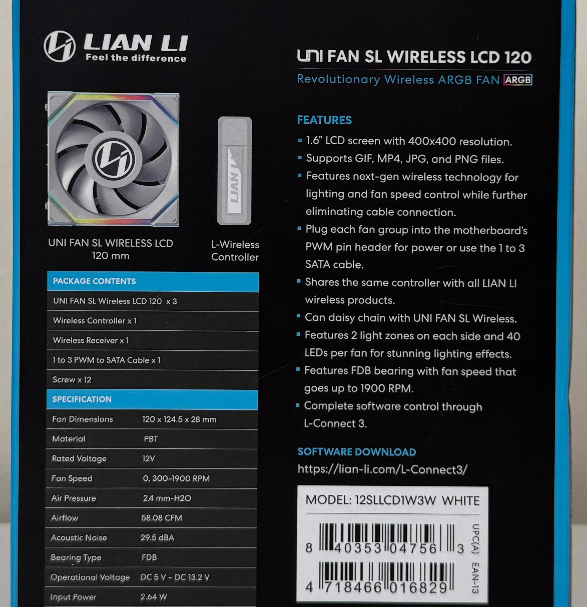 New Lian Li UNI Fan SL LCD Wireless 120mm ARGB Fan - Triple Pack - 1.6" LCD White (12SLLCD1W3W)