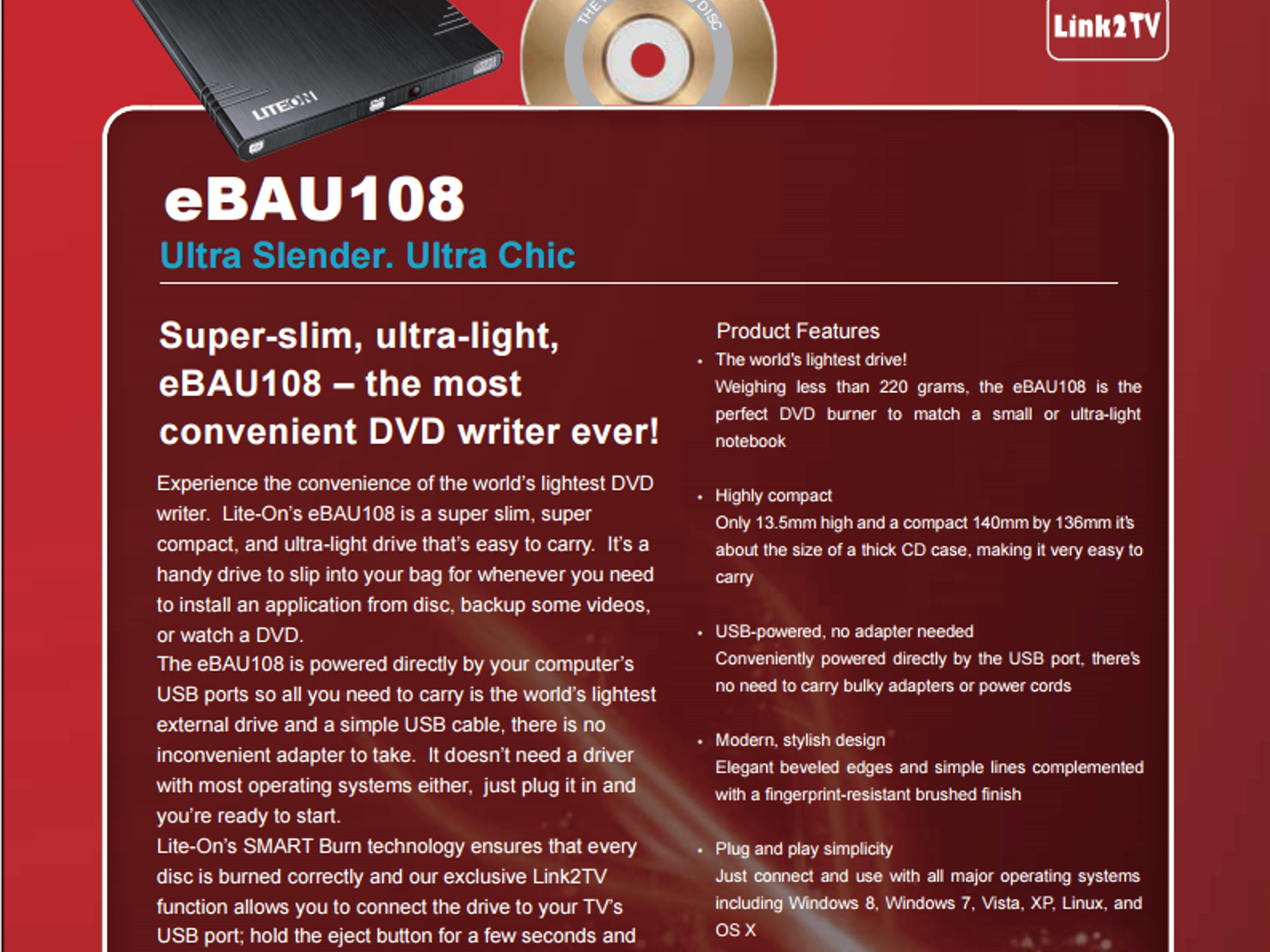 NEW Lite-On 8x External Compact USB DVD/CD-Writer