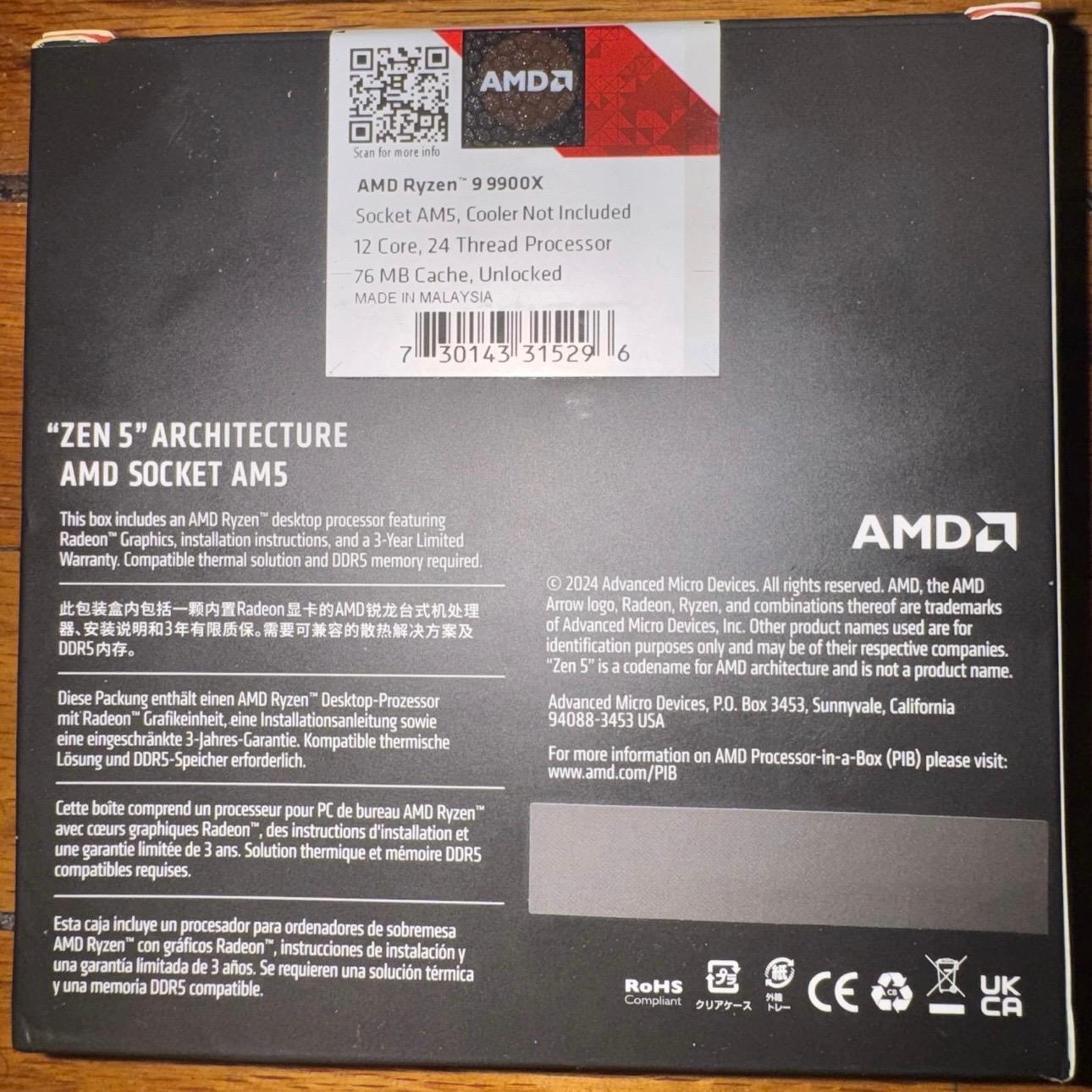 AMD Ryzen 9 9900X (9000 Series) CPU Processor Gaming PC Computer Desktop Part