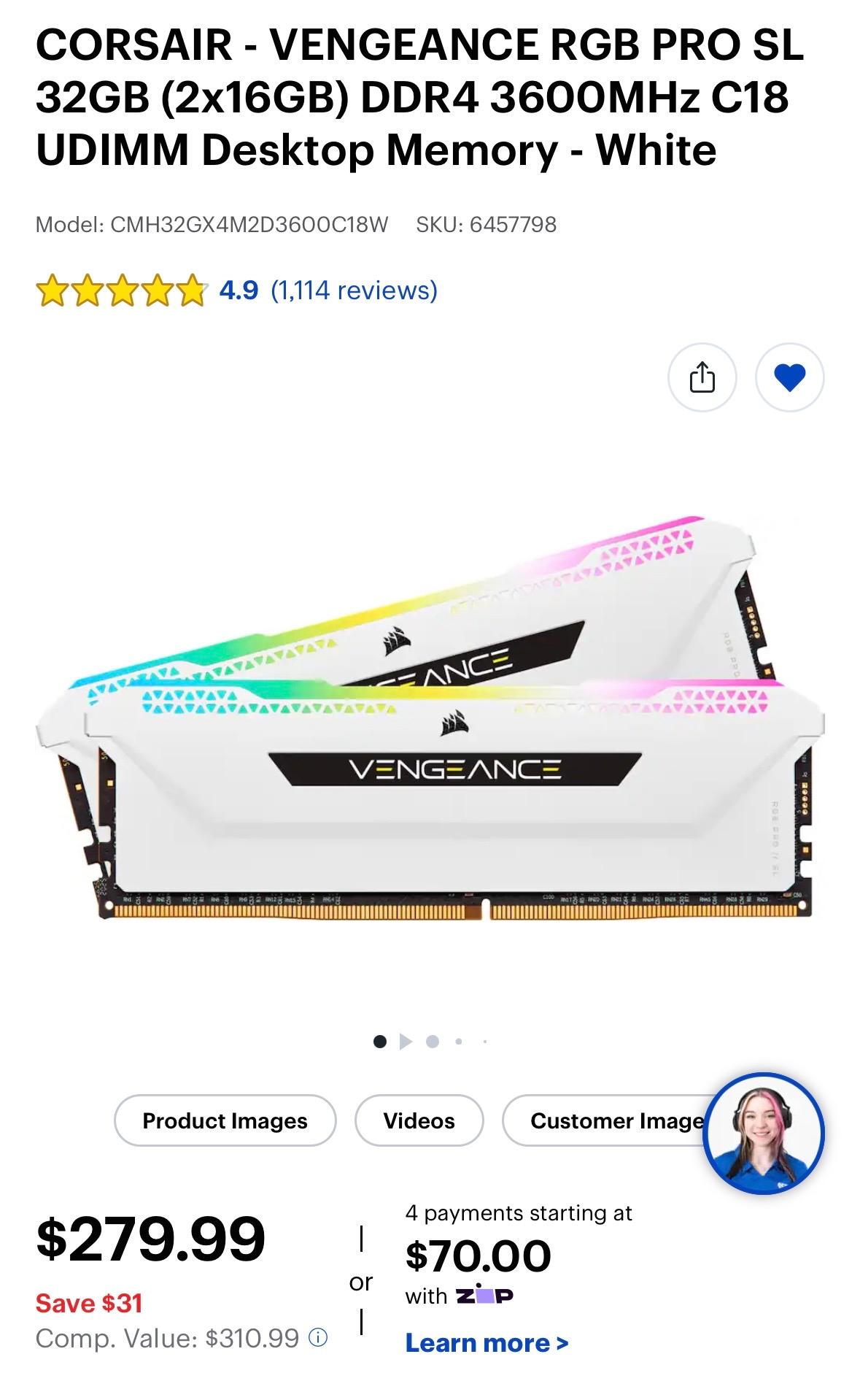 CORSAIR - VENGEANCE RGB PRO SL 32GB (2x16GB) DDR4 3600MHz C18 UDIMM Desktop Memory - White