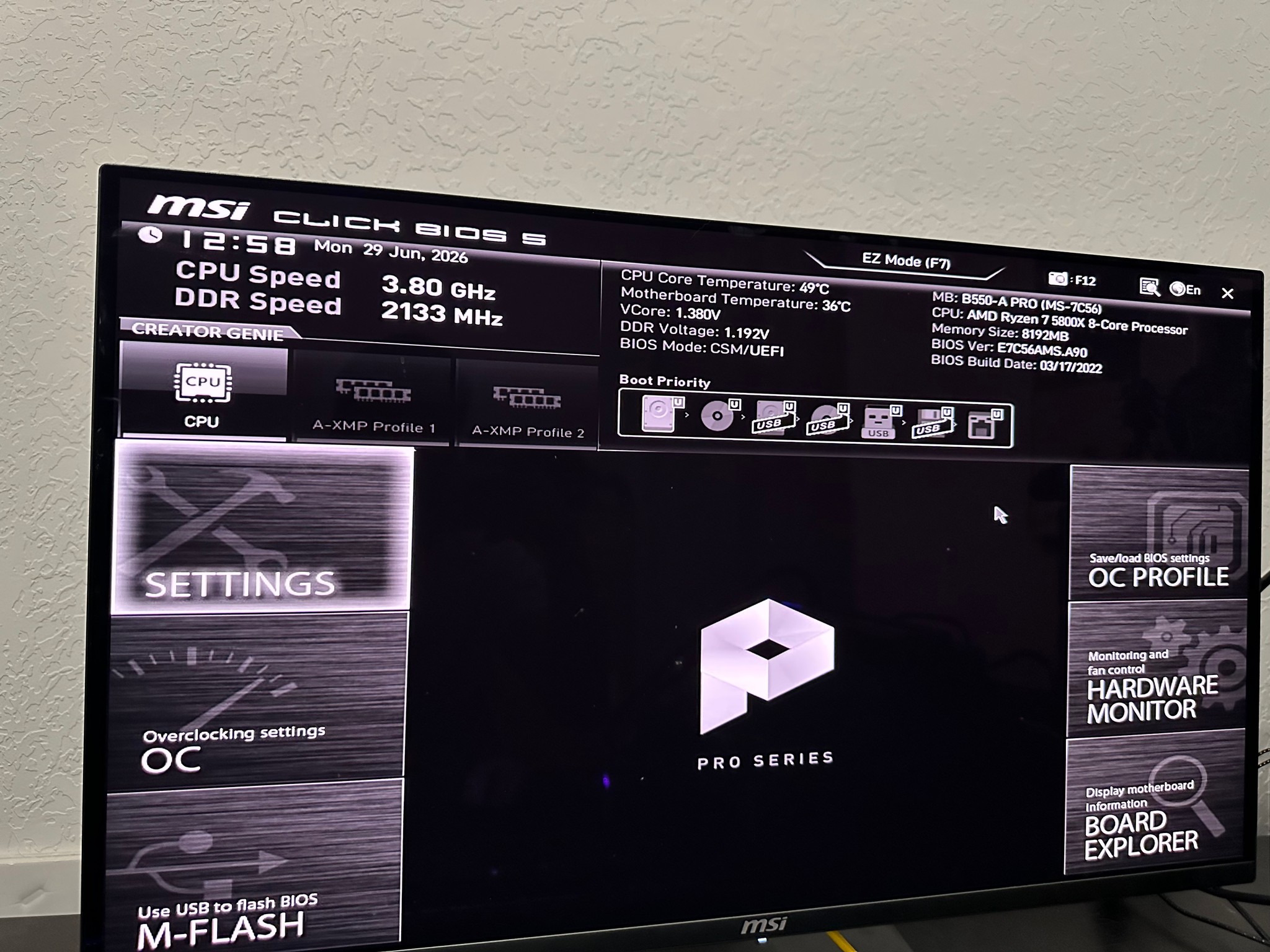 Ryzen 5800X MSI B550-A Pro Bundle No Ram