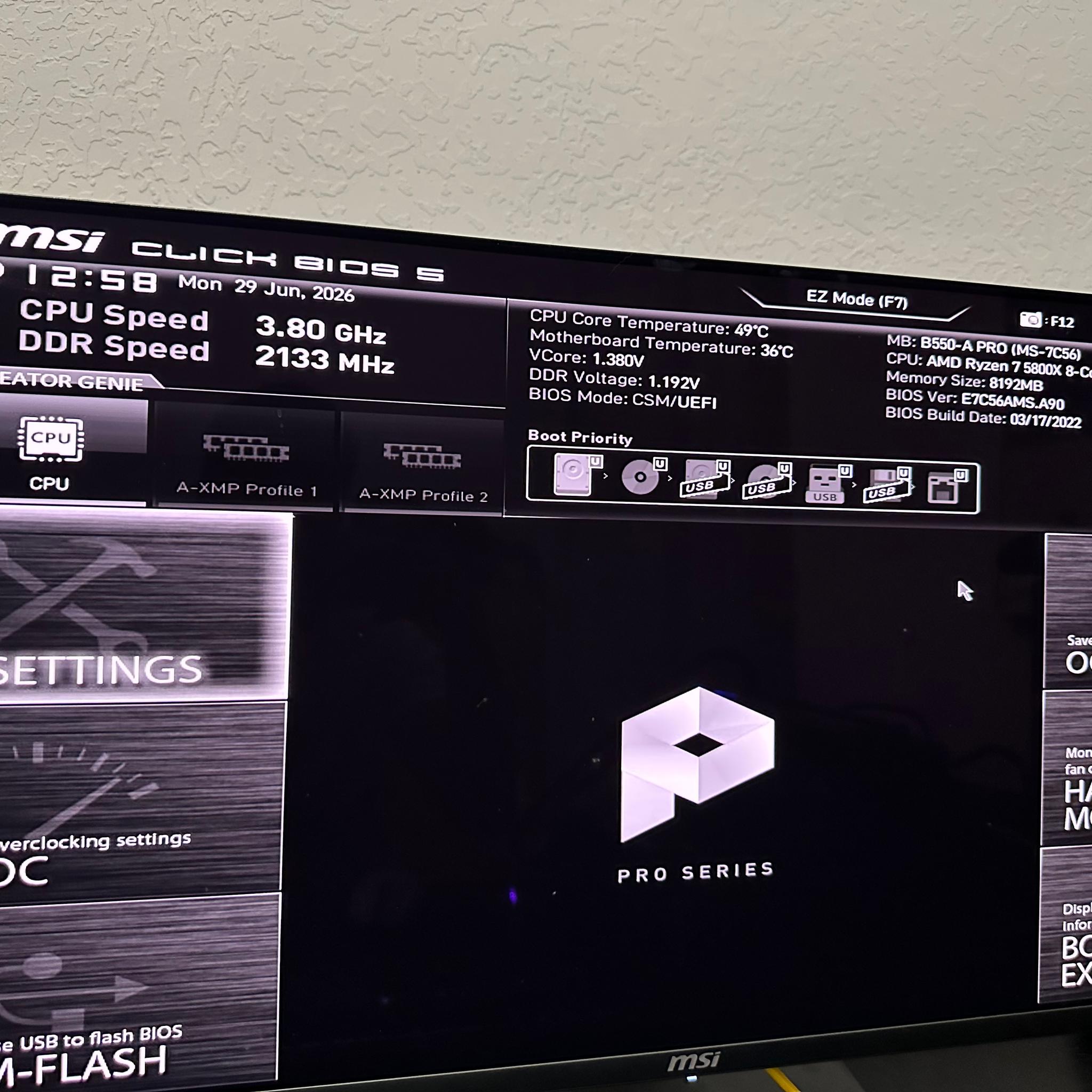 Ryzen 5800X MSI B550-A Pro Bundle No Ram