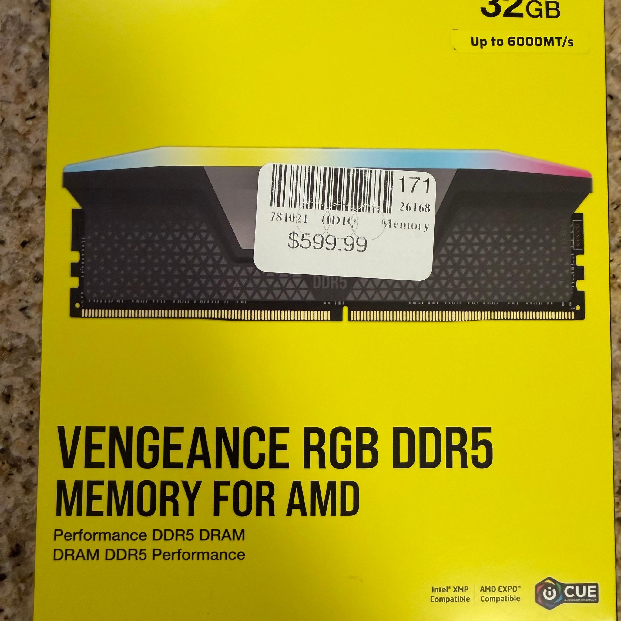 Corsair VENGEANCE RGB 32GB (2 x 16GB) DDR5-6000 PC5-48000 CL36 Dual Channel Desktop Memory Kit Black