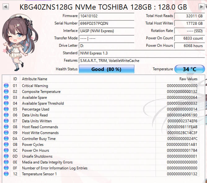 Toshiba 128GB NVMe SSD Tested Working 80% Health M.2