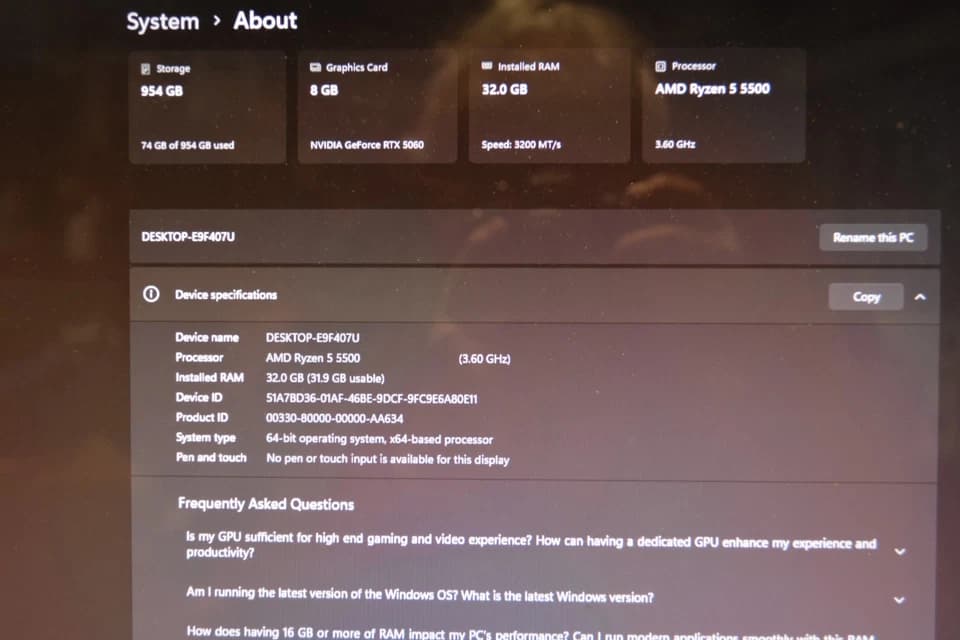 Gaming PC RYZEN 5500 GPU RTX 5060 8GB RAM 32GB RGB 1TB NVME PSU 700 Watts Wi-fi