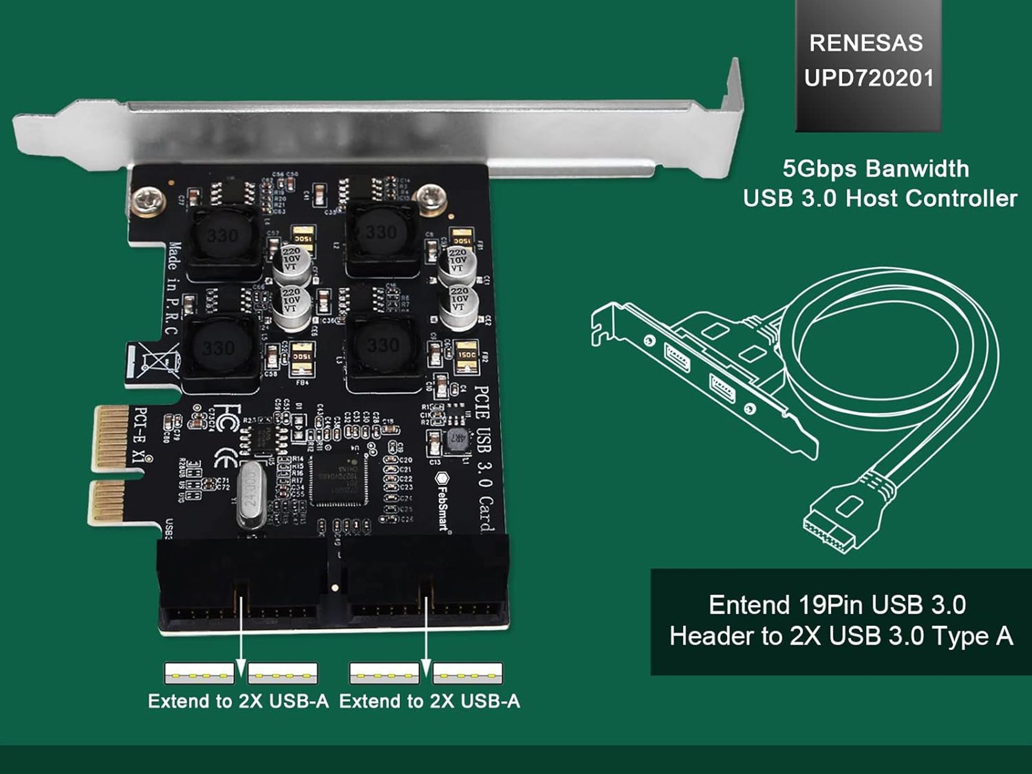 2X 19Pin USB 3.0 Header Ports PCIE USB 3.0 5Gbps Expansion Card for Windows and Linux Desktop PCs