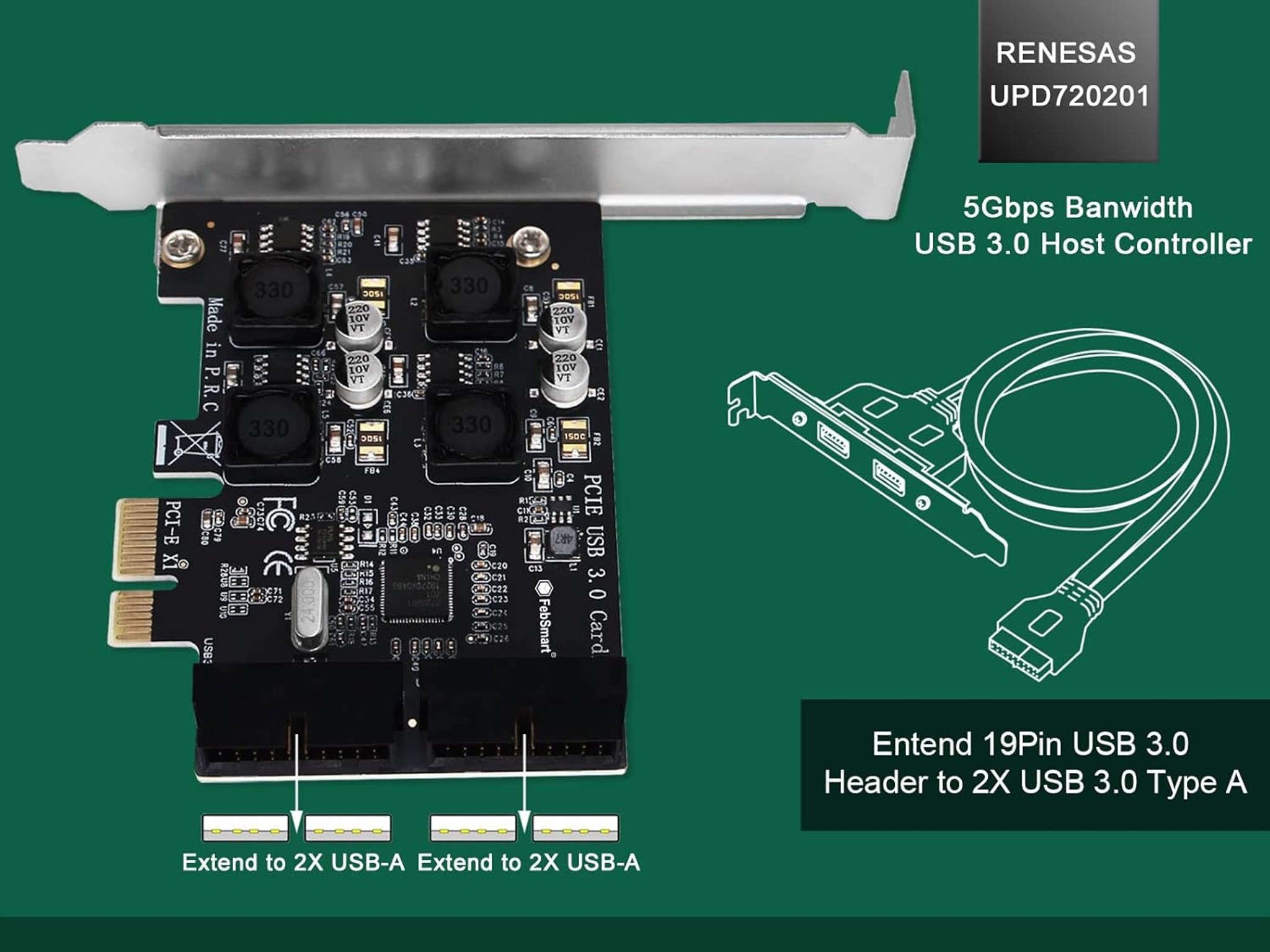 2X 19Pin USB 3.0 Header Ports PCIE USB 3.0 5Gbps Expansion Card for Windows and Linux Desktop PCs