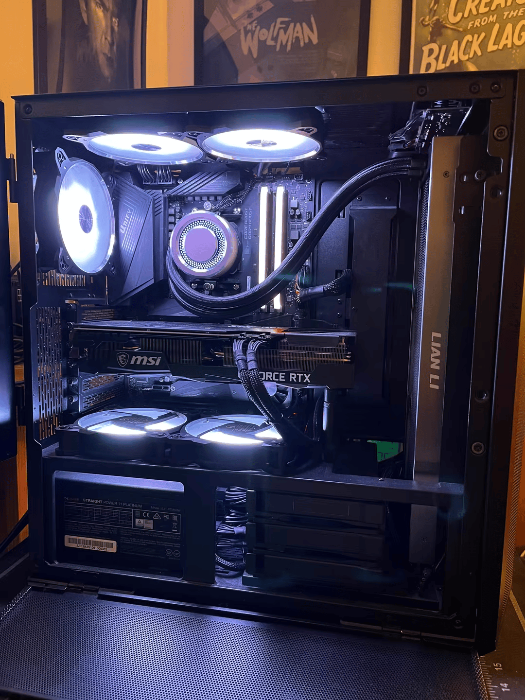 R9 5900x; MSI RTX 3070Ti; 32G 3600Mhz RAM; AIO cooled; MSI Unify x570; 850W Platinum PSU