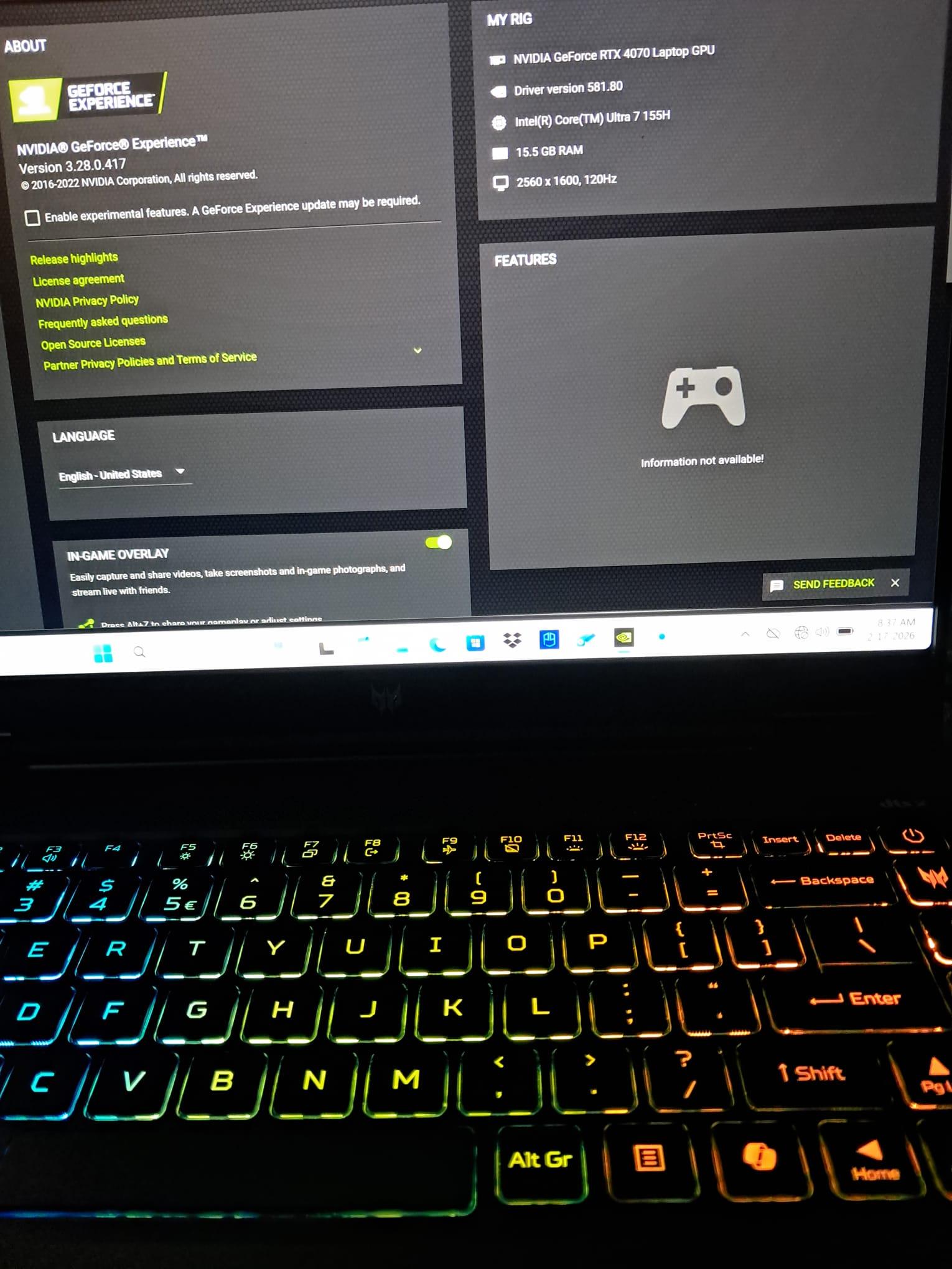 Acer Predator Neo 14 Rtx 4070 8GB Intel Ultra 7 155H 1TB 16GB Ram