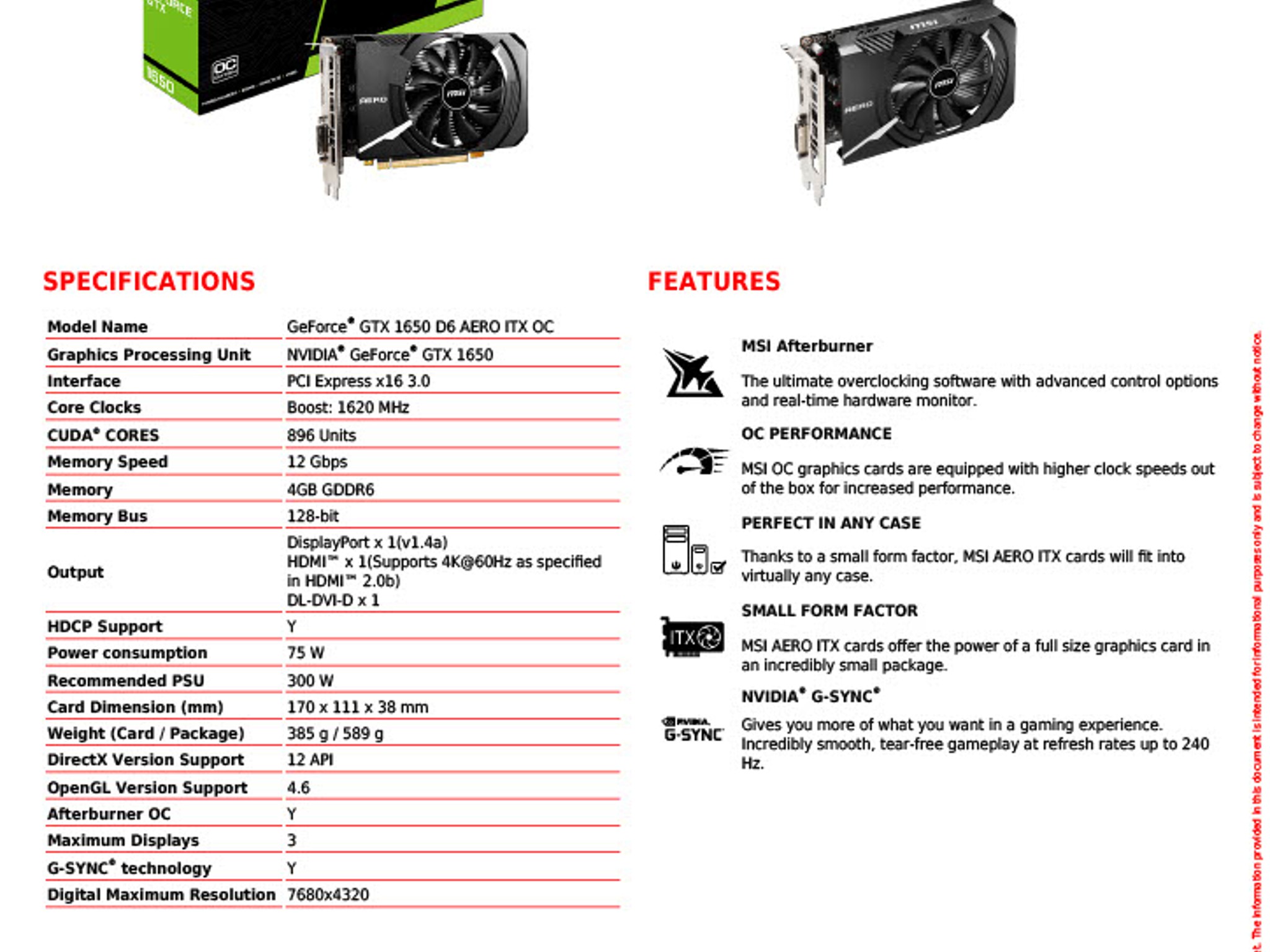 MSI GTX 1650 D6 AERO ITX OCV1 - 4GB GDDR6