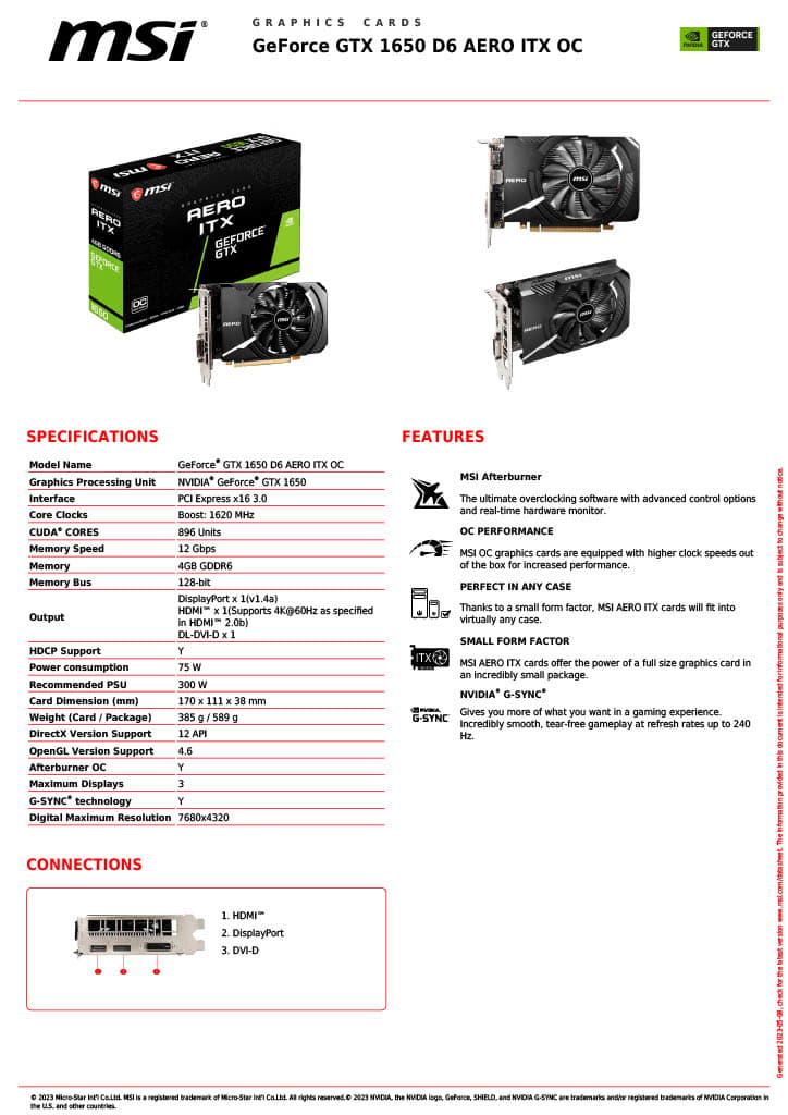 MSI GTX 1650 D6 AERO ITX OCV1 - 4GB GDDR6