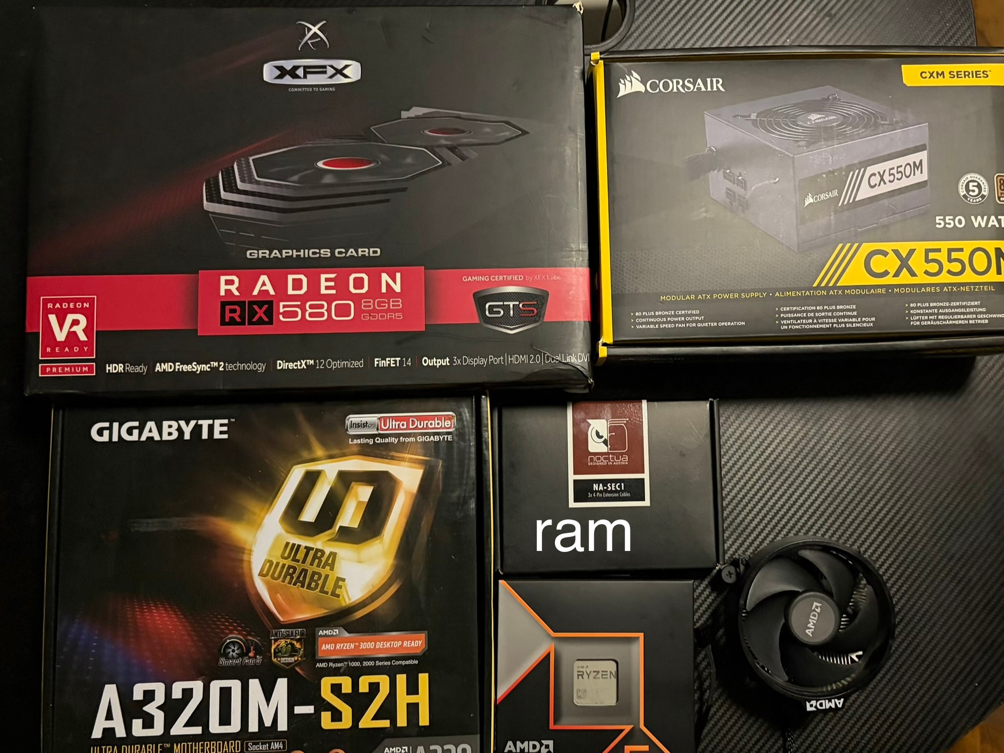A320, R5 3600, 16gb DDR4, 550w PSU, RX 580, WiFi adapter, heat sink bundle.