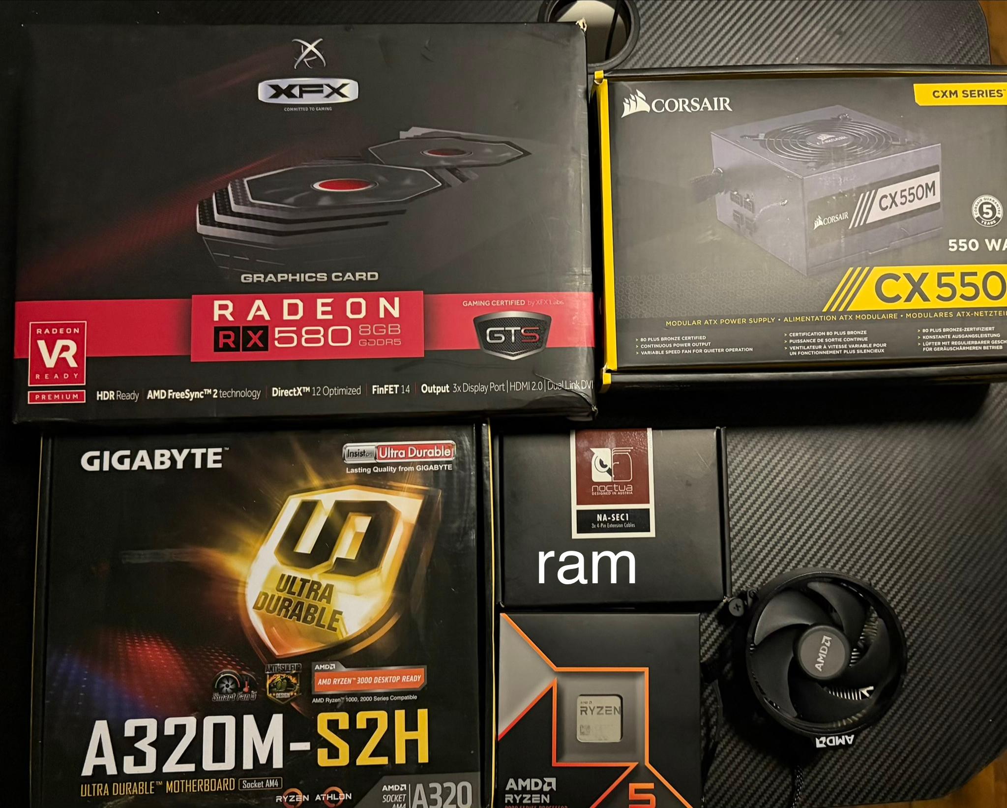 A320, R5 3600, 16gb DDR4, 550w PSU, RX 580, WiFi adapter, heat sink bundle.
