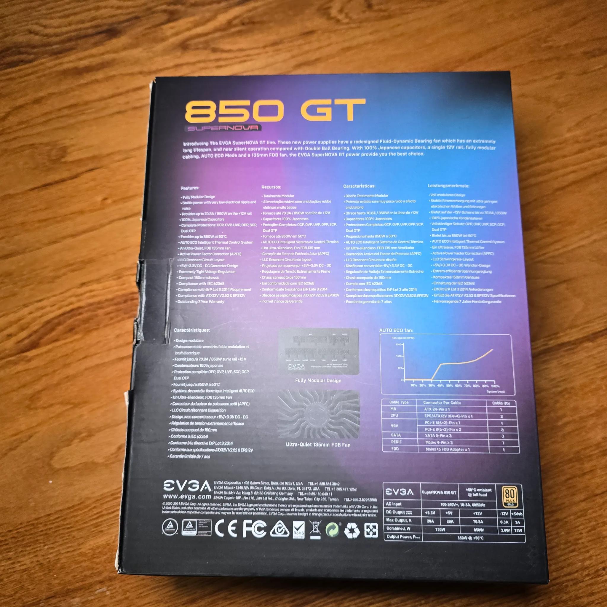 EVGA SuperNOVA 850 GT 850W PSU 80+ Gold Certified Fully Modular ATX Power Supply