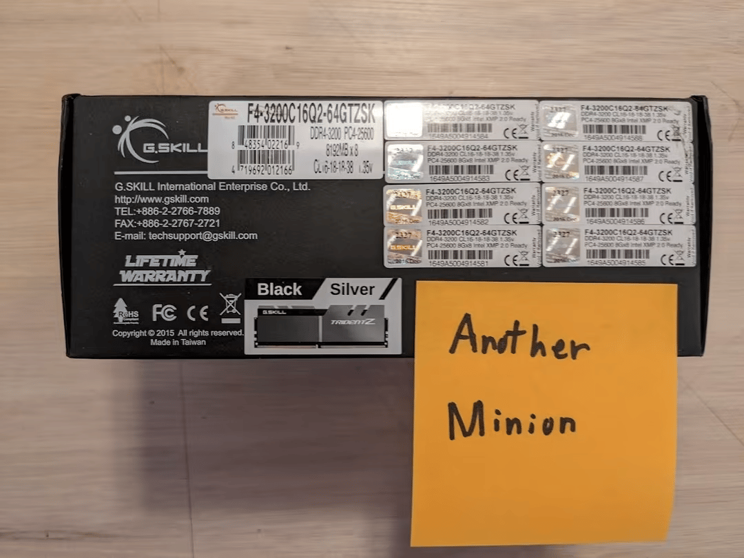 64GB(8x8GB) of G.Skill DDR4 3200 memory Part number: F4-3200C16Q2-64GTZSK