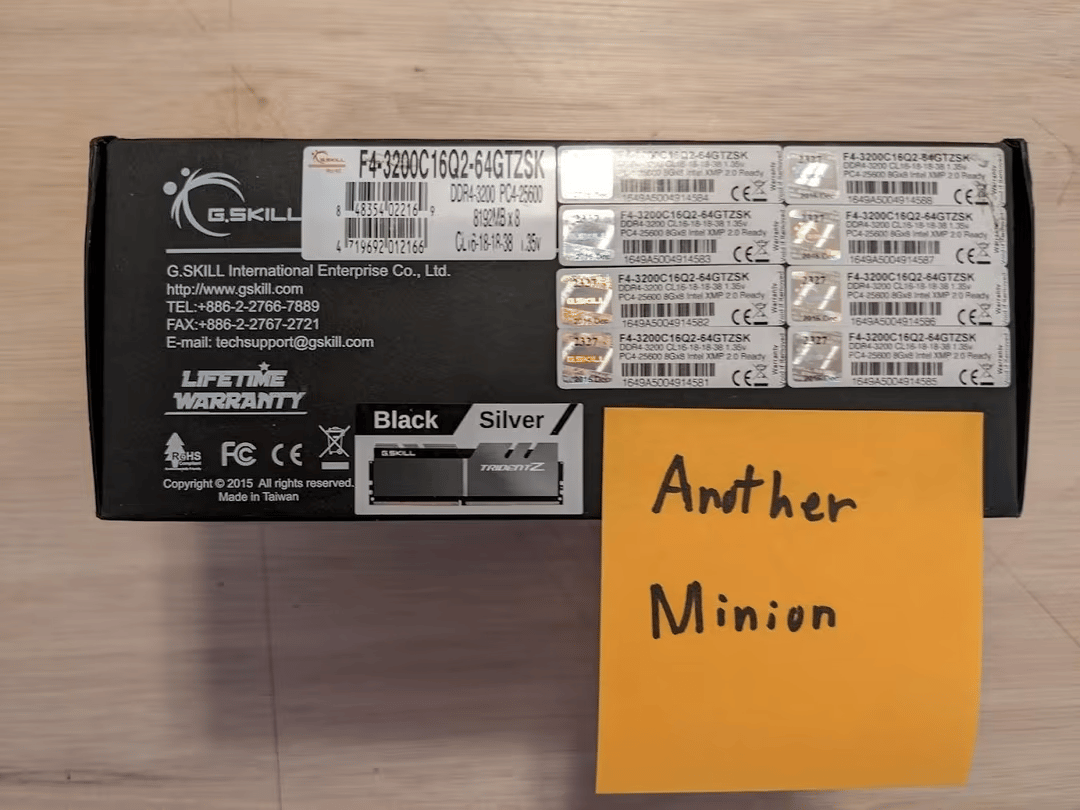 64GB(8x8GB) of G.Skill DDR4 3200 memory Part number: F4-3200C16Q2-64GTZSK
