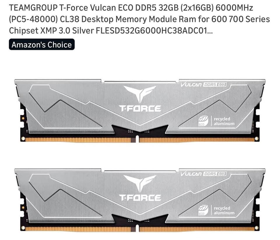 TEAMGROUP T-Force Vulcan ECO DDR5 32GB (2x16GB) 6000MHz CL 38