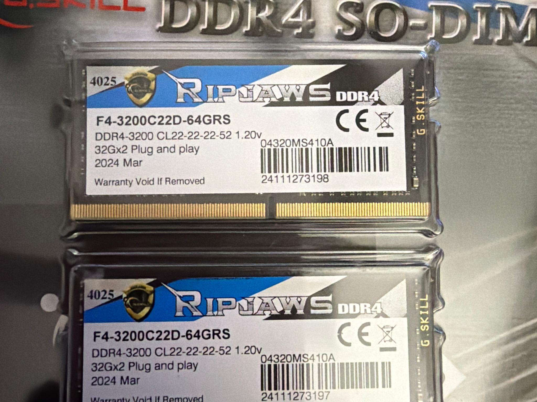 G.Skill RIPJAWS 64GB DDR4 3200 Dual Channel Kit 32GBx2 NIB