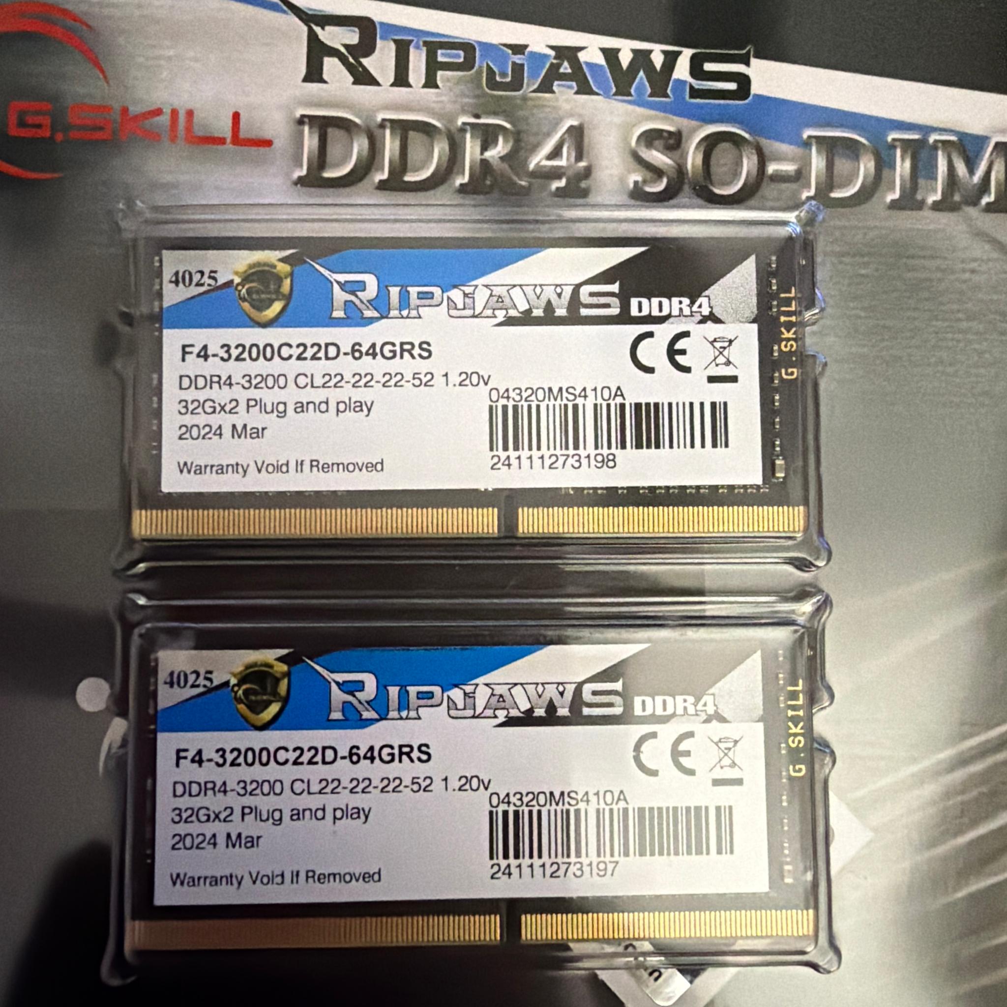 G.Skill RIPJAWS 64GB DDR4 3200 Dual Channel Kit 32GBx2 NIB