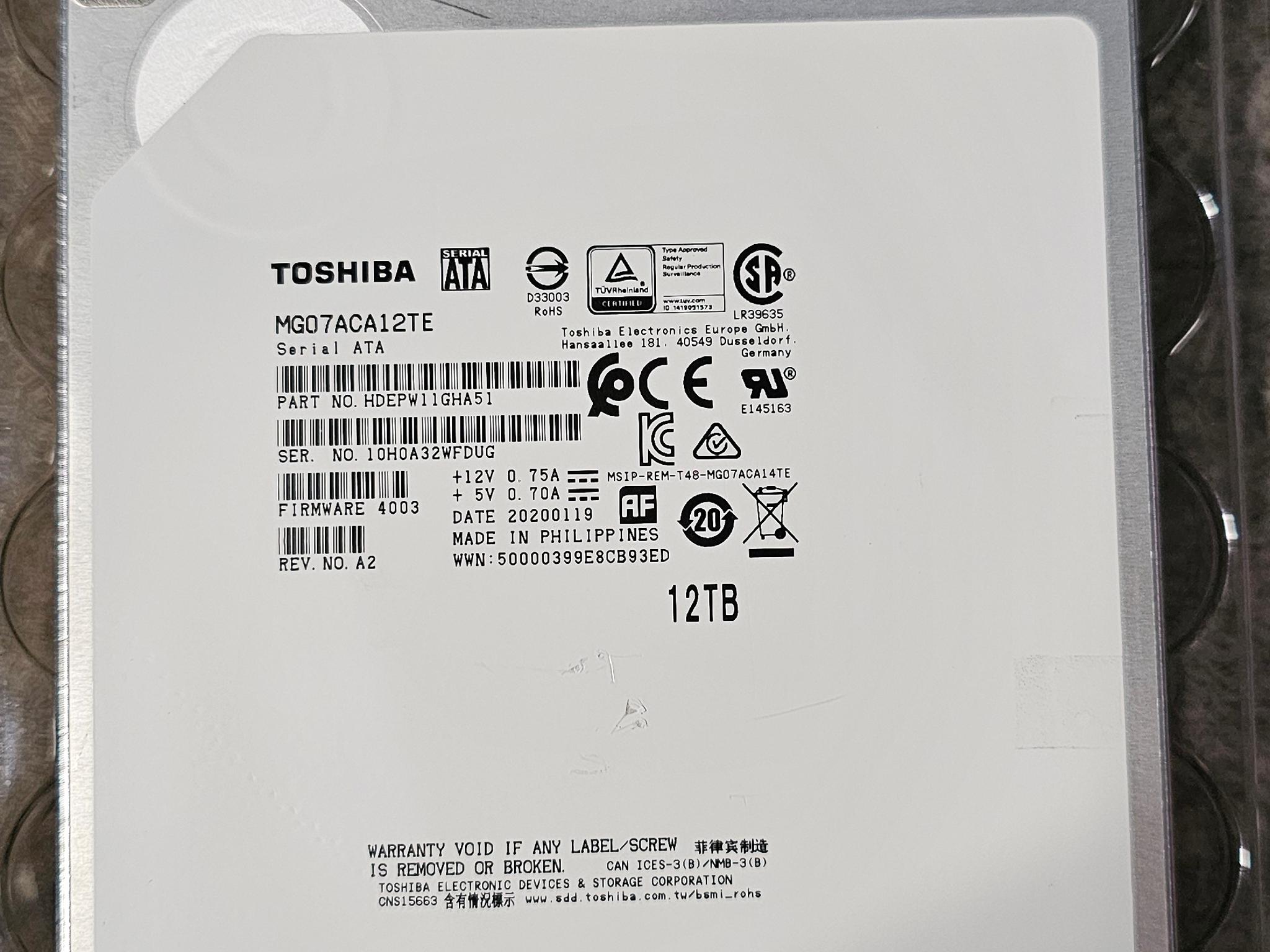 Toshiba MG07ACA12TE 12TB SATAIII 3.5" 7200RPM Helium Sealed Enterprise HDD