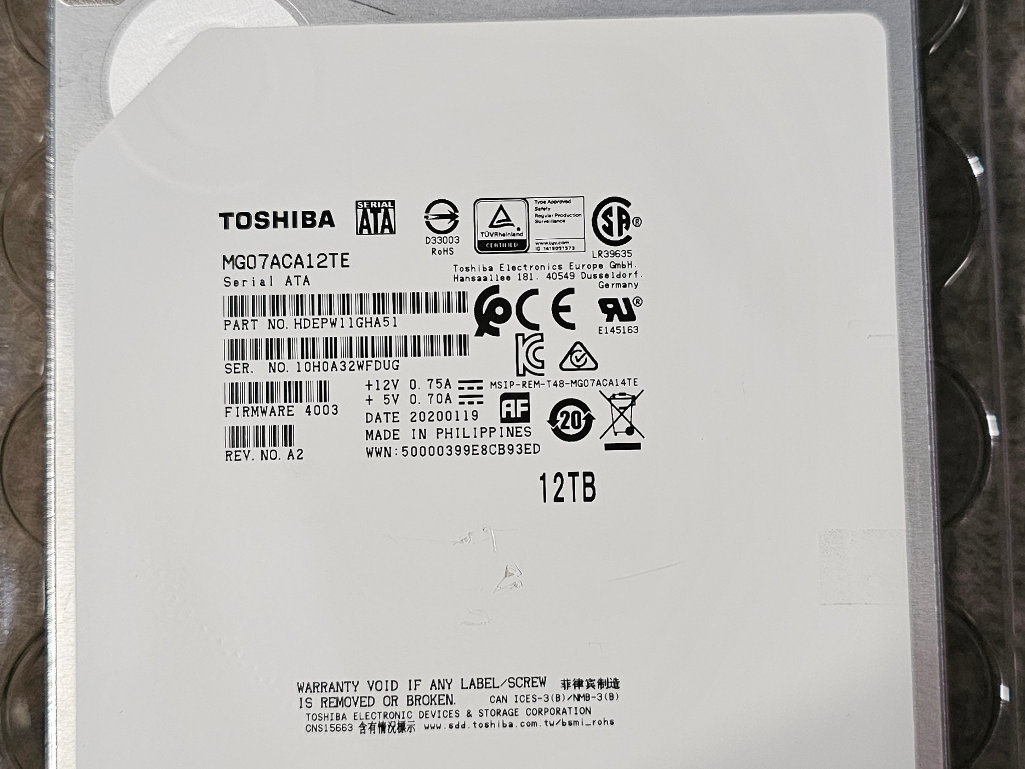 Toshiba MG07ACA12TE 12TB SATAIII 3.5" 7200RPM Helium Sealed Enterprise HDD