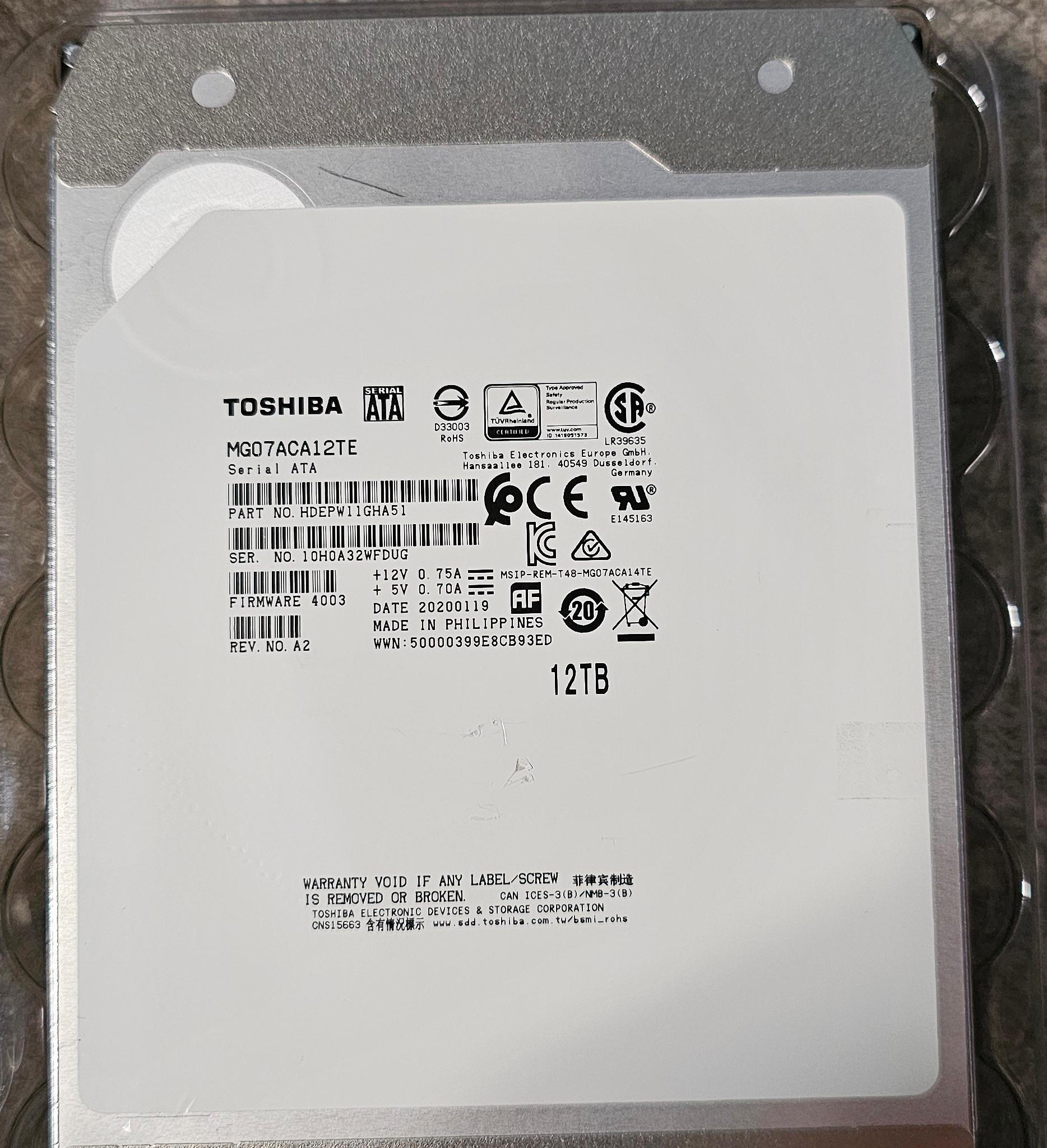 Toshiba MG07ACA12TE 12TB SATAIII 3.5" 7200RPM Helium Sealed Enterprise HDD