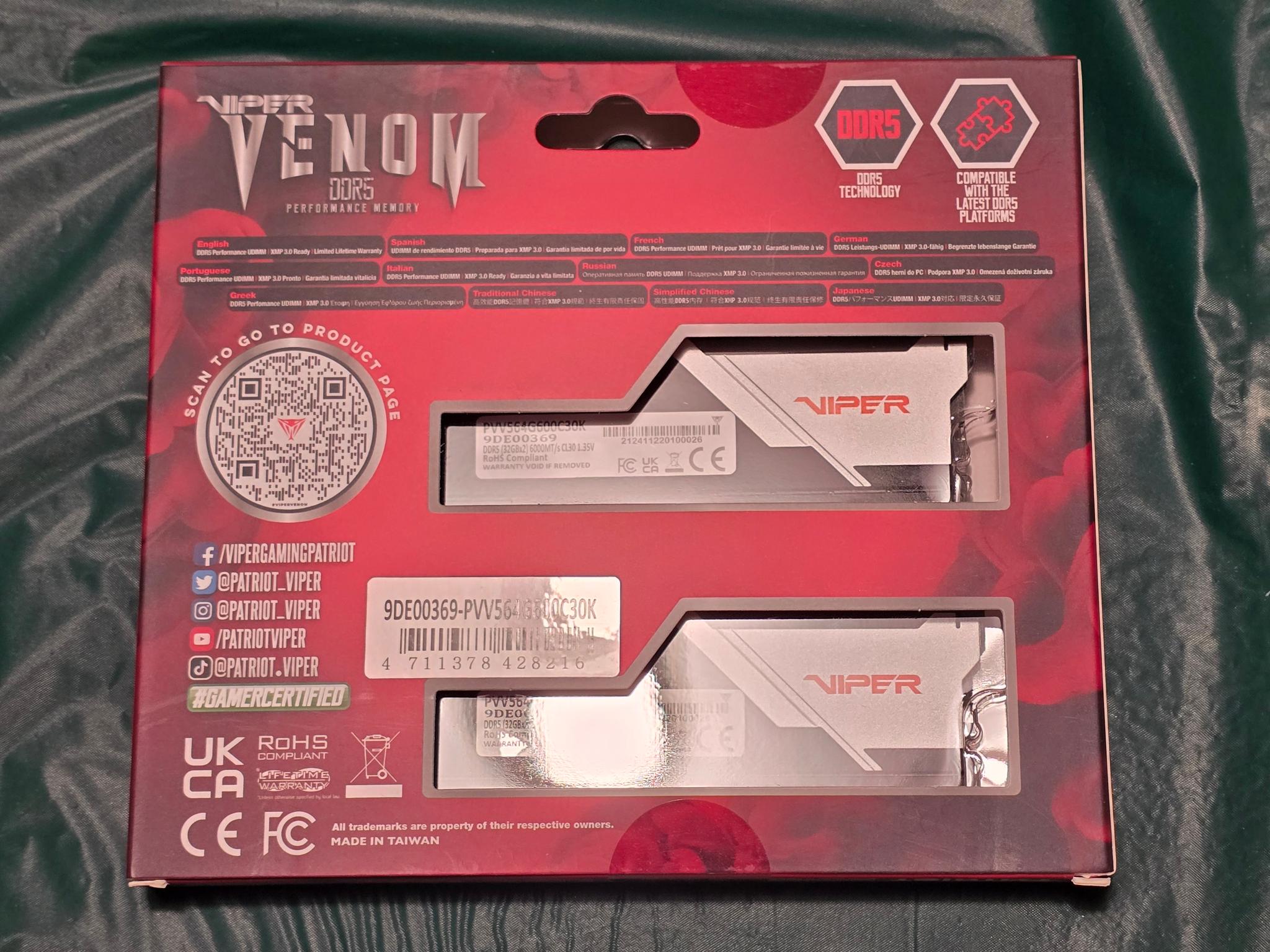 Patriot Viper Venom DDR5 RAM 64GB (2X32GB) 6000MT/s CL30 UDIMM Desktop Gaming Memory Kit