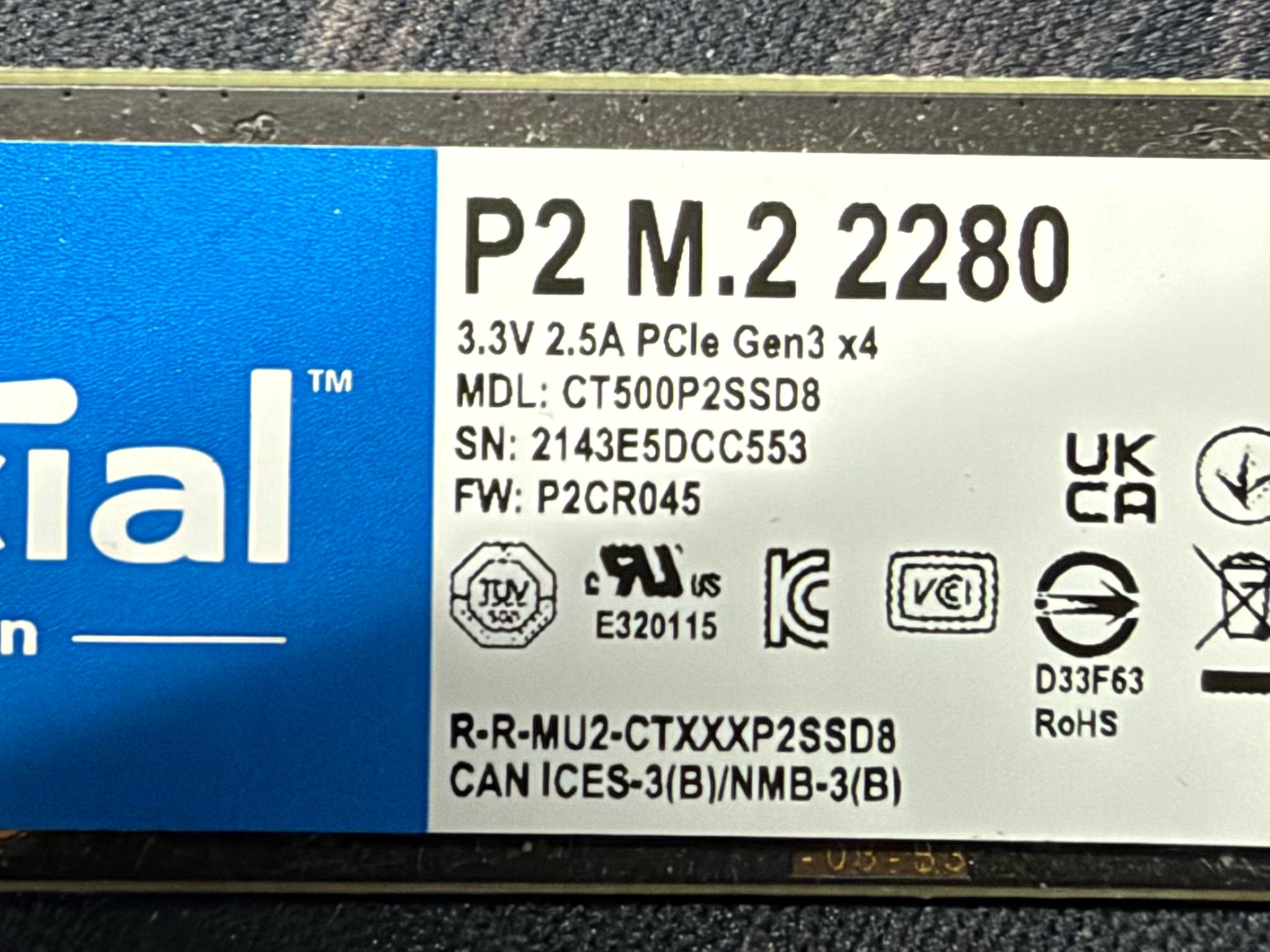 Crucial 500 GB NVME SSD (100% Health)
