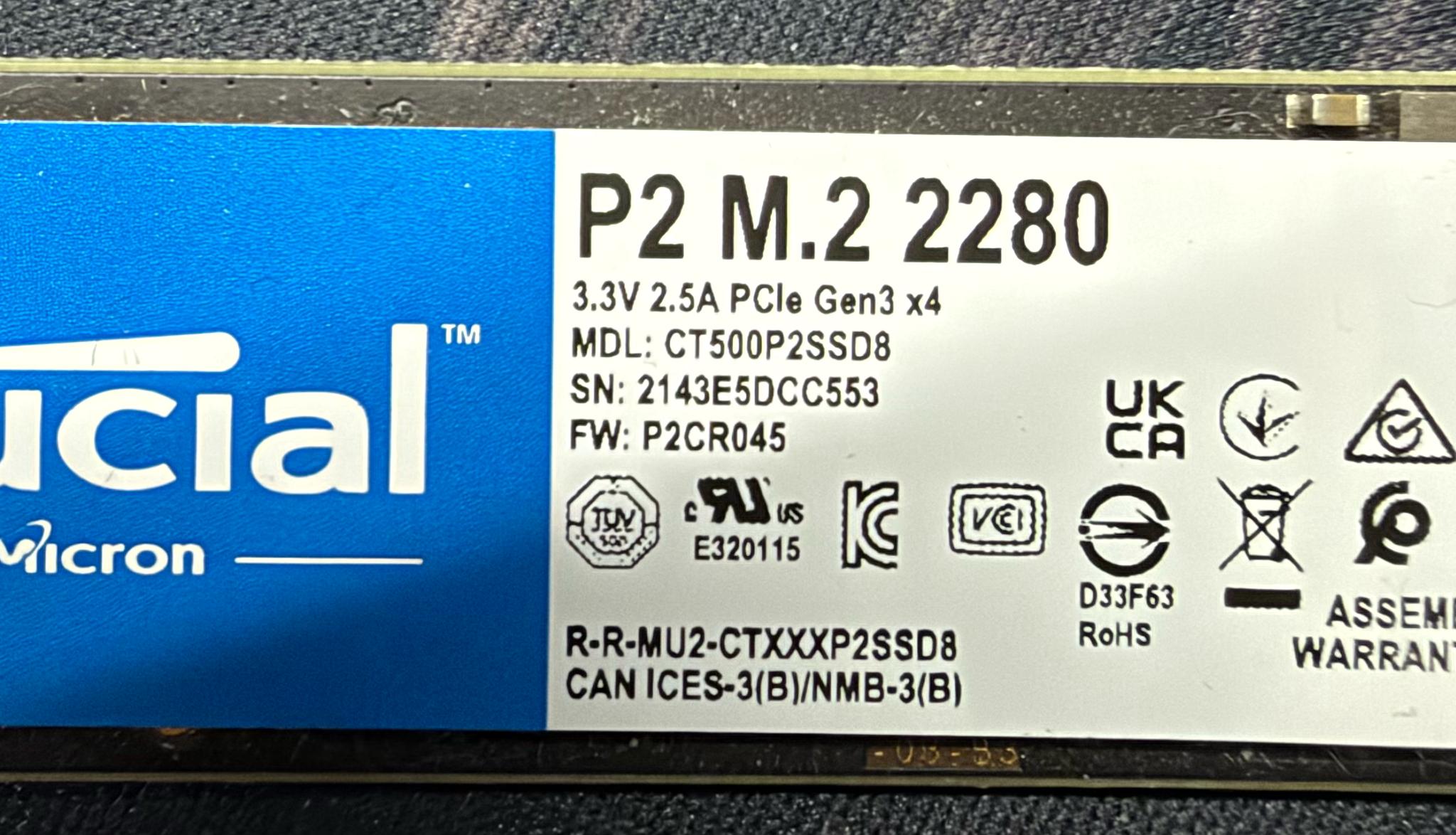 Crucial 500 GB NVME SSD (100% Health)
