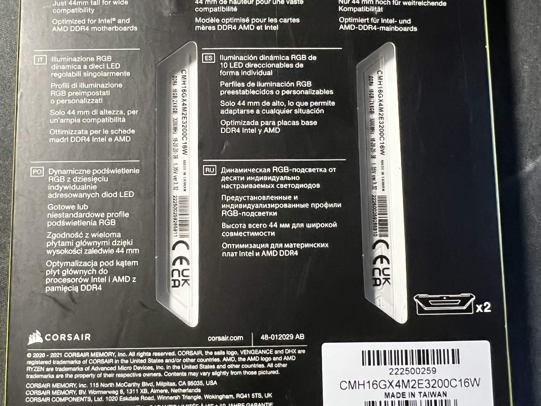 Corsair Vengeance RGB Pro SL 16GB (2x8GB) DDR4 DRAM 3200MHz C16 Memory Kit – White