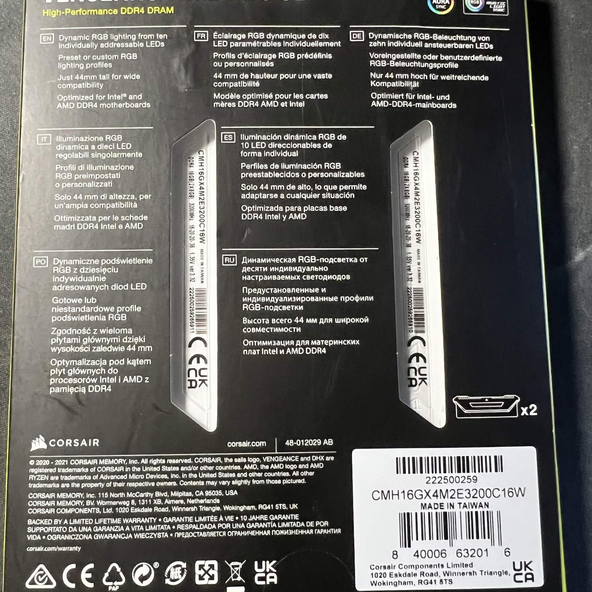 Corsair Vengeance RGB Pro SL 16GB (2x8GB) DDR4 DRAM 3200MHz C16 Memory Kit – White