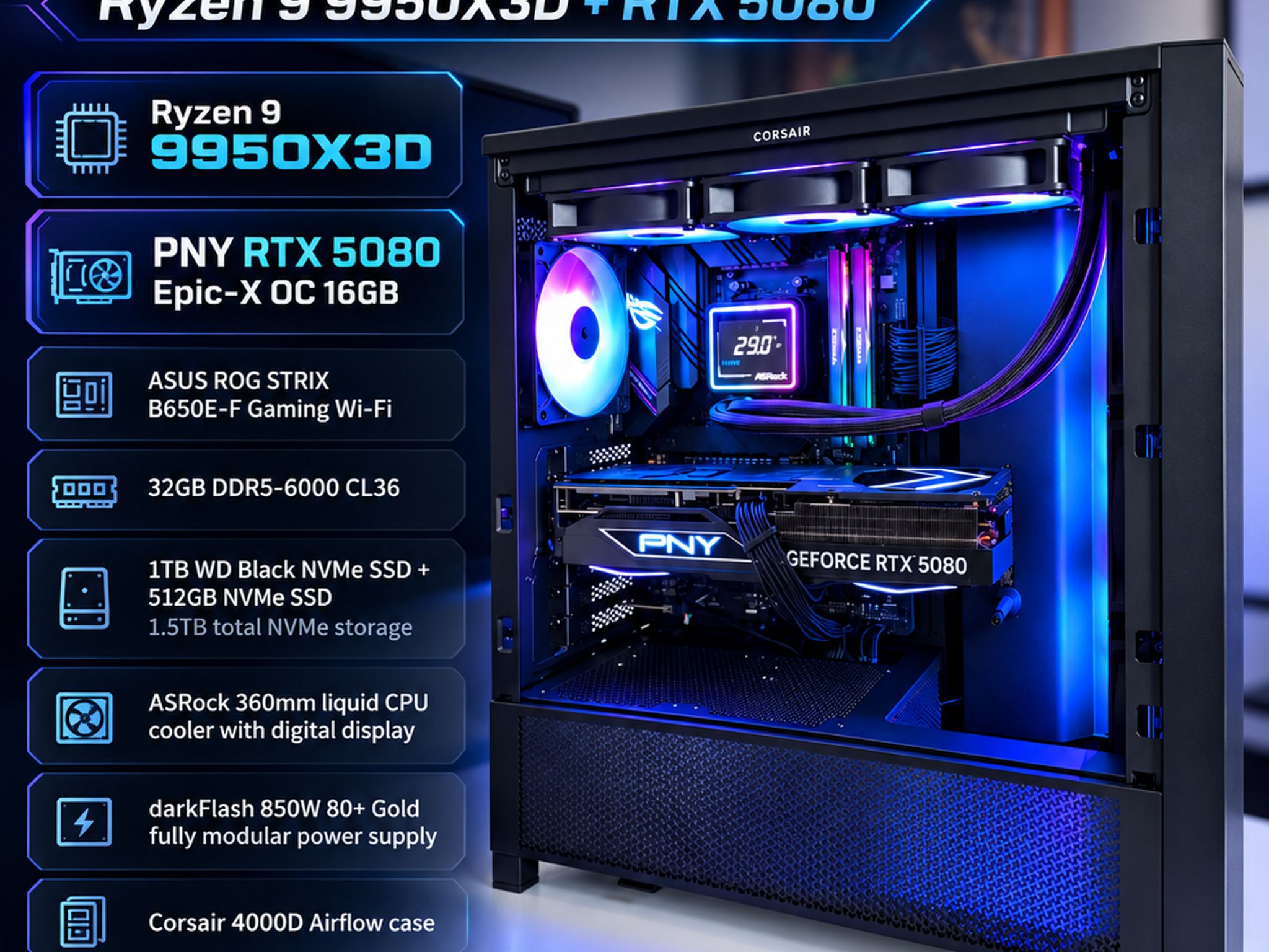 RTX 5080 Gaming PC | Ryzen 9 9950X3D | 32GB DDR5 | 1.5TB NVMe | WiFi 6E