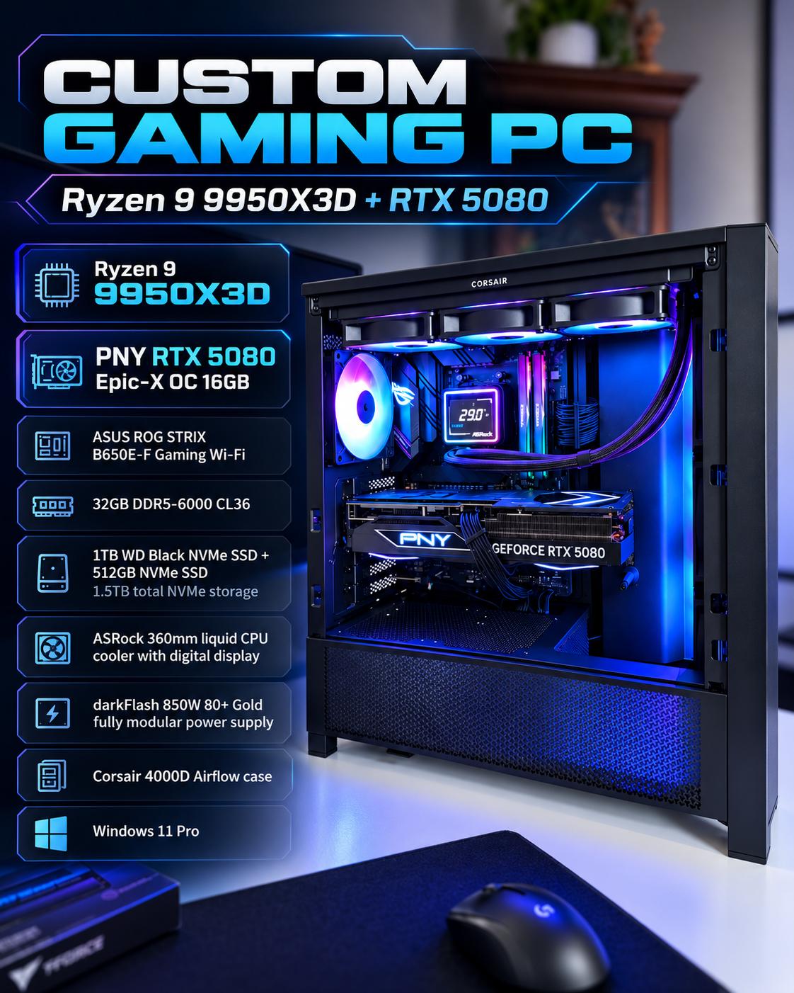 RTX 5080 Gaming PC | Ryzen 9 9950X3D | 32GB DDR5 | 1.5TB NVMe | WiFi 6E