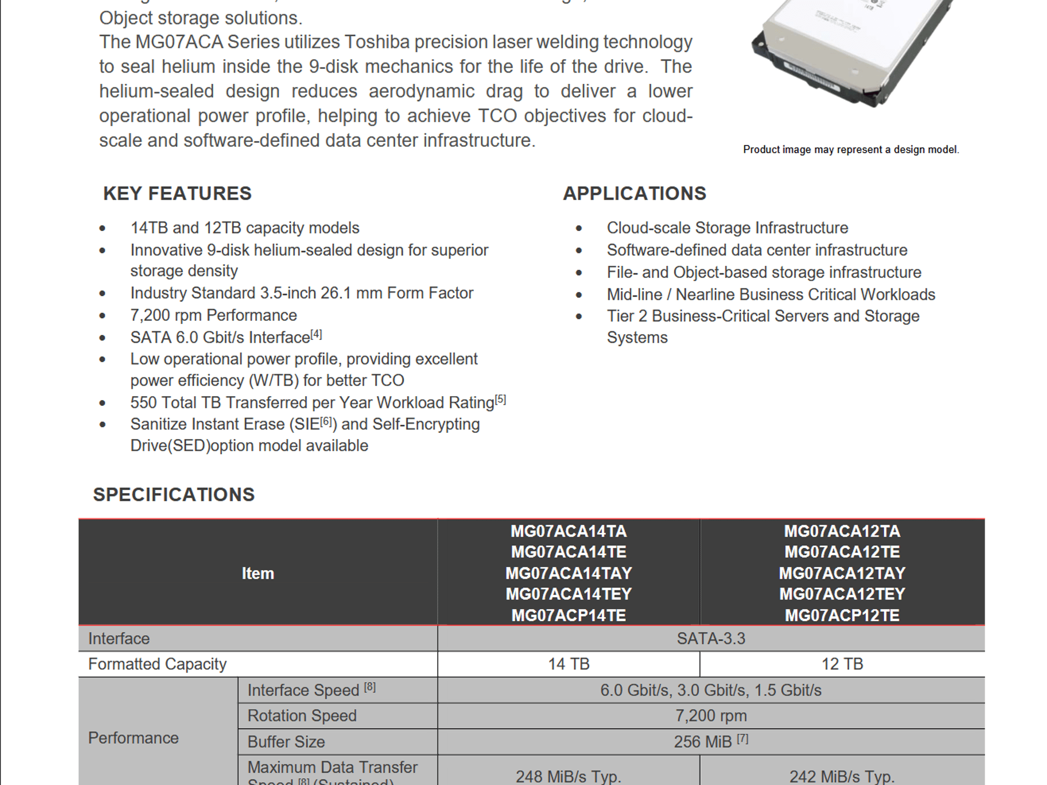 Toshiba MG07ACA12TE 12TB SATAIII 3.5" 7200RPM Helium Sealed Enterprise HDD