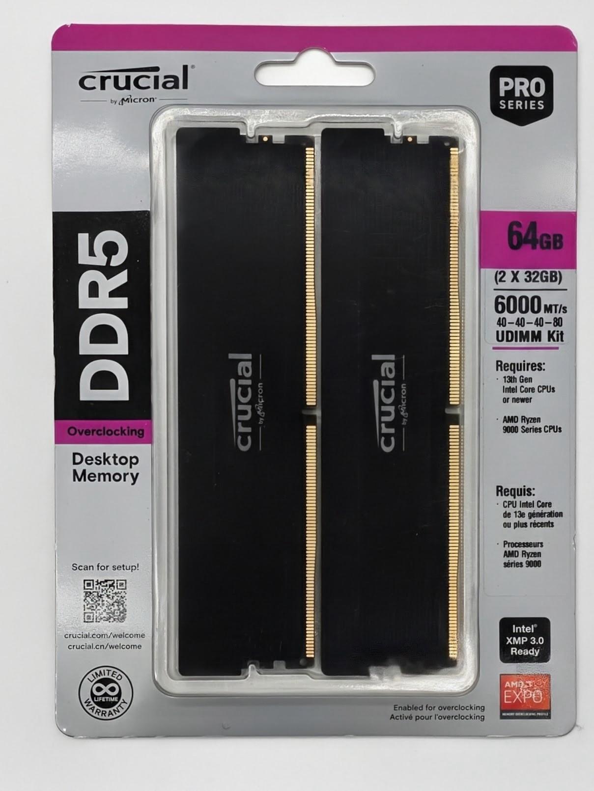 Crucial Pro 64GB (2x32GB) DDR5-6000 CL40 RAM KIT Sealed NEW