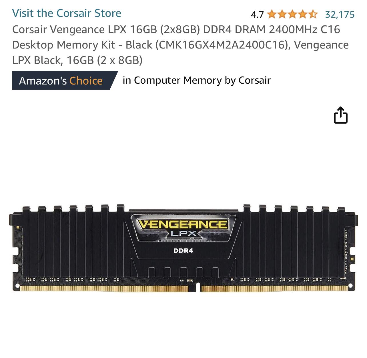 Corsair Vengeance LPX 16GB (2x8GB) DDR4 DRAM 2400MHz C16 Desktop Memory Kit
