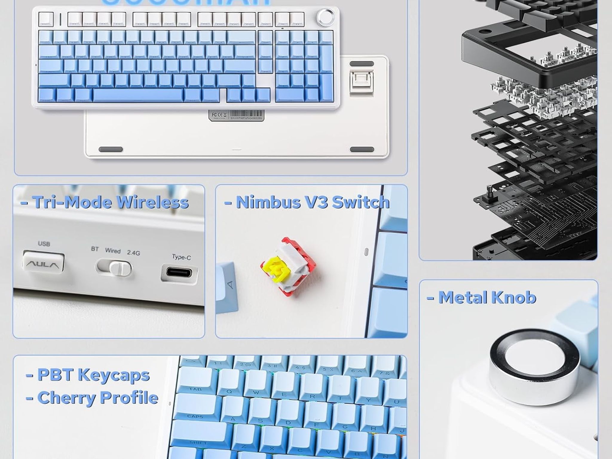 $30 OFF! AULA F99 PRO (BRAND NEW) Blue, Mechanical Keyboard 95% LEOBOG Nimbus V3 Switches w/ Knob