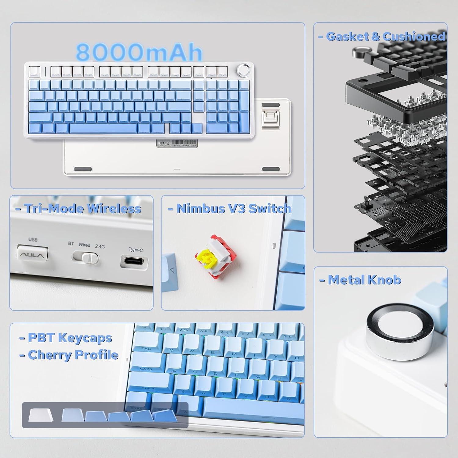 AULA F99 PRO (BRAND NEW) Gradient Blue, Wireless Mechanical 95% LEOBOG Nimbus Switches w/ Knob