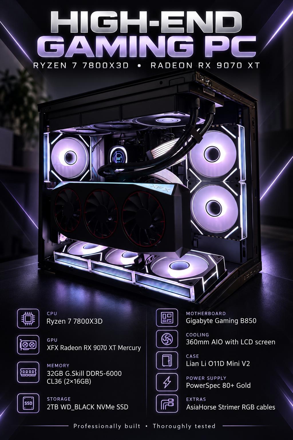 🔥 High-End Gaming PC – Ryzen 7 7800X3D + RX 9070 XT | 32GB DDR5 | 2TB NVMe 🔥