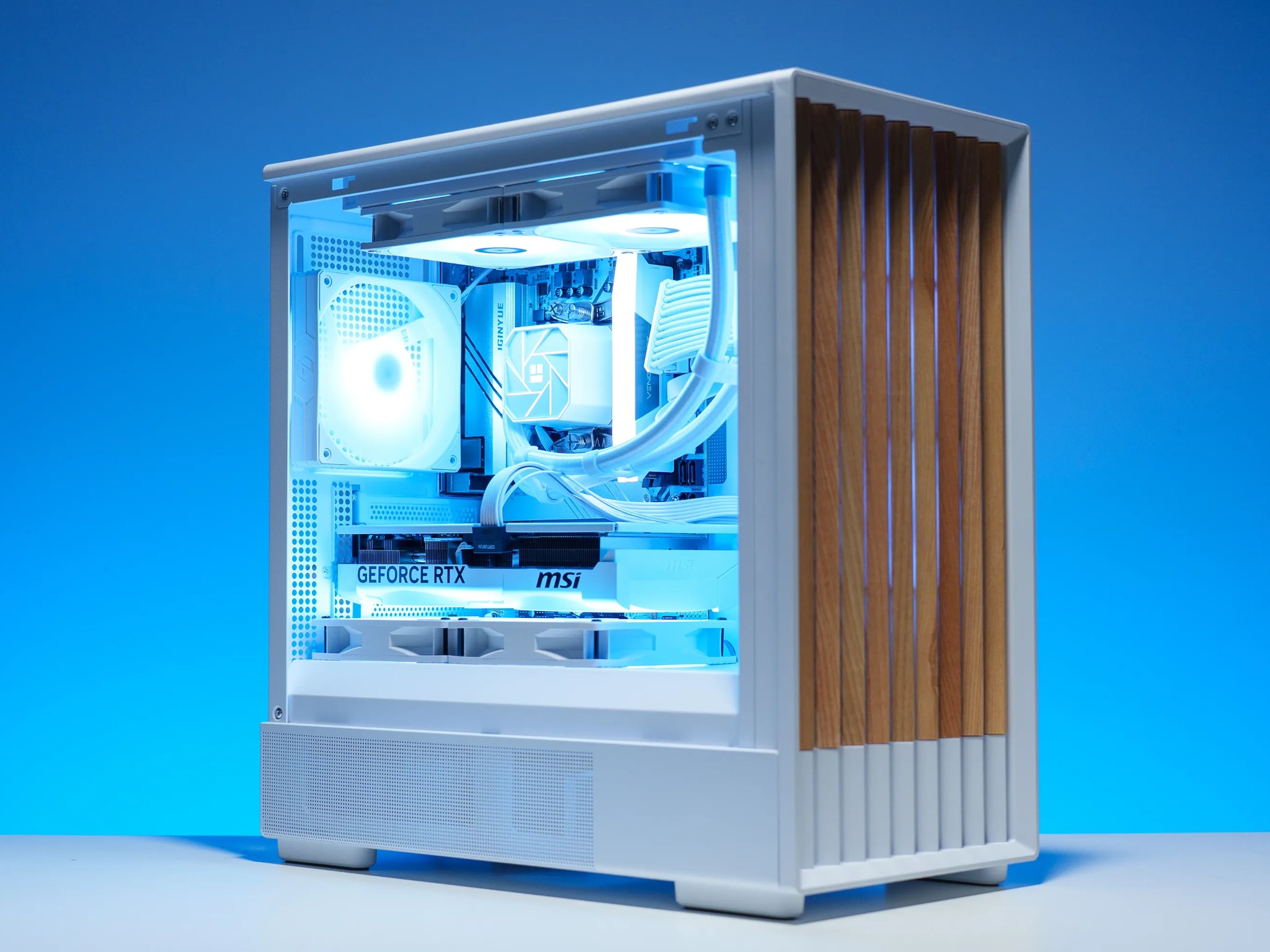 RTX 5070/Ryzen 5 9600x Gaming PC in White Case with Wood Slats | 32GB DDR5 | 2TB | 240 AIO | RGB