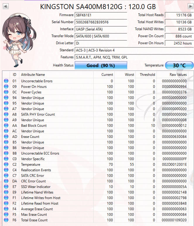 Kingston A400 120GB SATA SSD Tested Working 90% Health