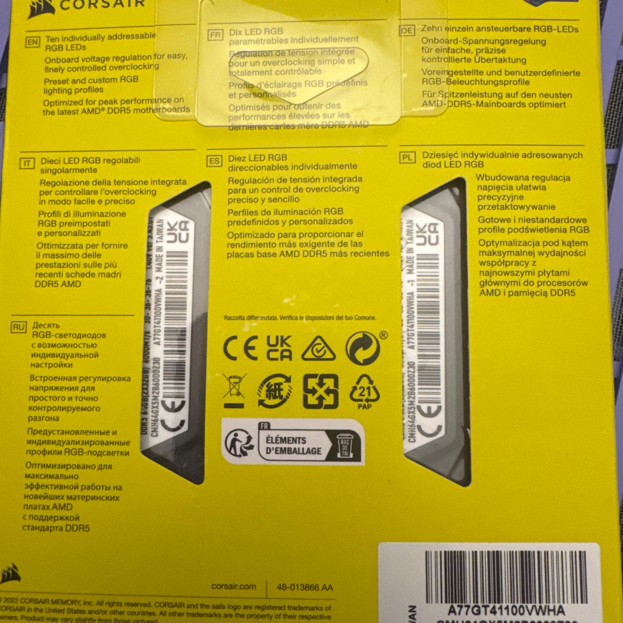 Corsair Vengeance DDR5 64GB 2x32gb kit RGB 6000mhz CL30 Cool Grey, Open Box-New AMD Expo